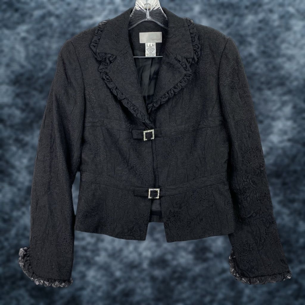 Vintage VINTAGE Spiegel Blazer Womens 4 Black Metallic Textured Lined Ruffled Trim Y2K 90s Blazer Womens 4 Black Size S / US 4 / IT 40 - 1 Thumbnail