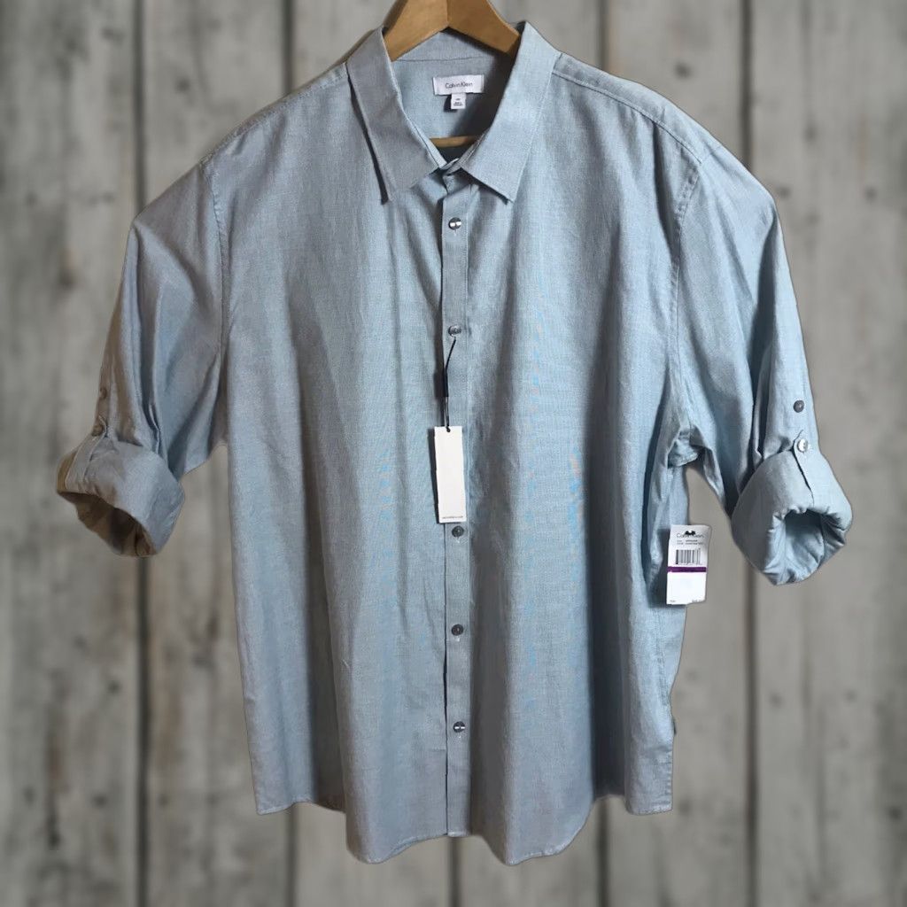 Calvin Klein Calvin Klein Shirt Mens XXL Cotton Roll-Up Sleeve Teal Button Up Cash? 69.50 Size US XXL / EU 58 / 5 - 1 Thumbnail