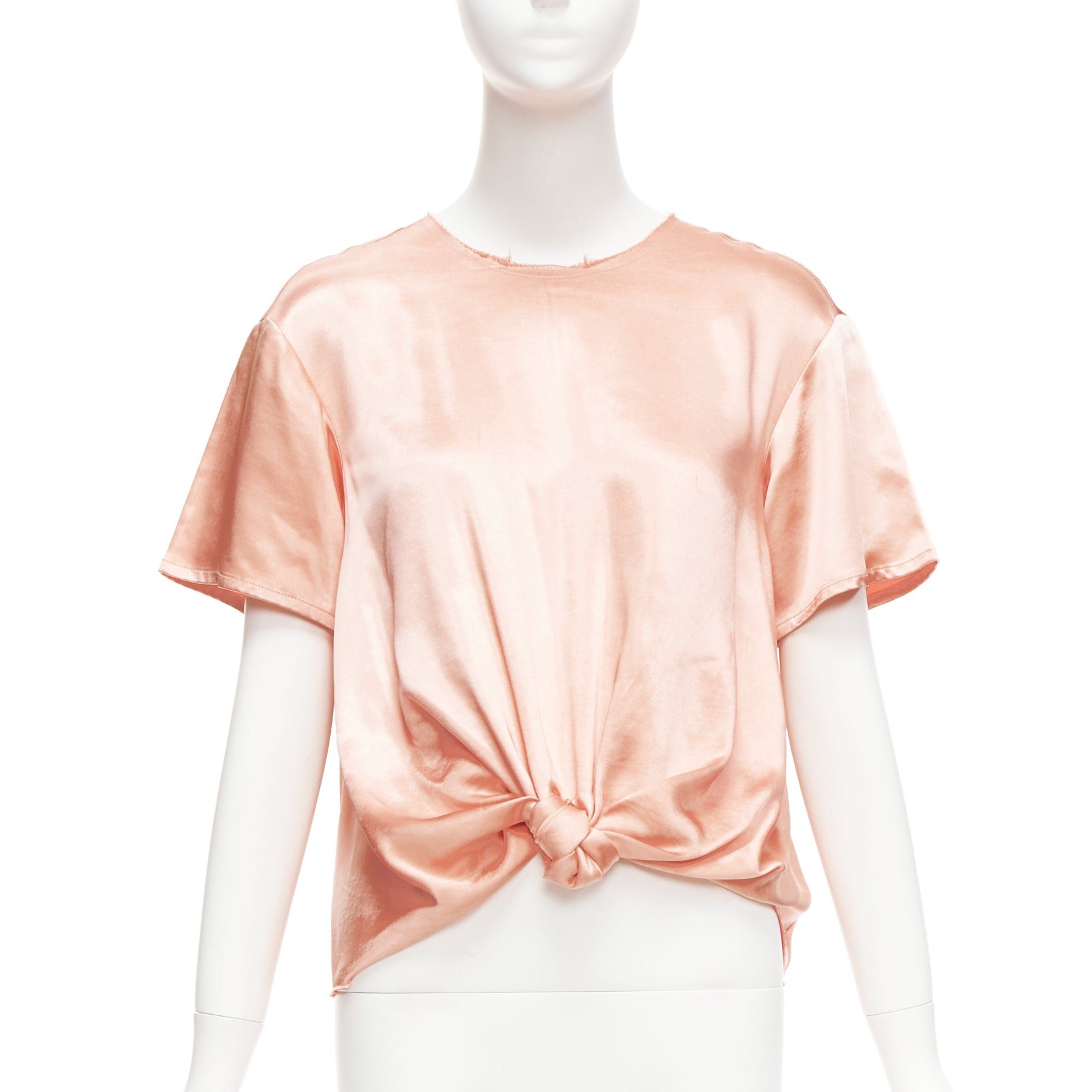 Rejina Pyo REGINA PYO pink silky satin front knot crew neck frayed edge collar top S Size S / US 4 / IT 40 - 1 Thumbnail