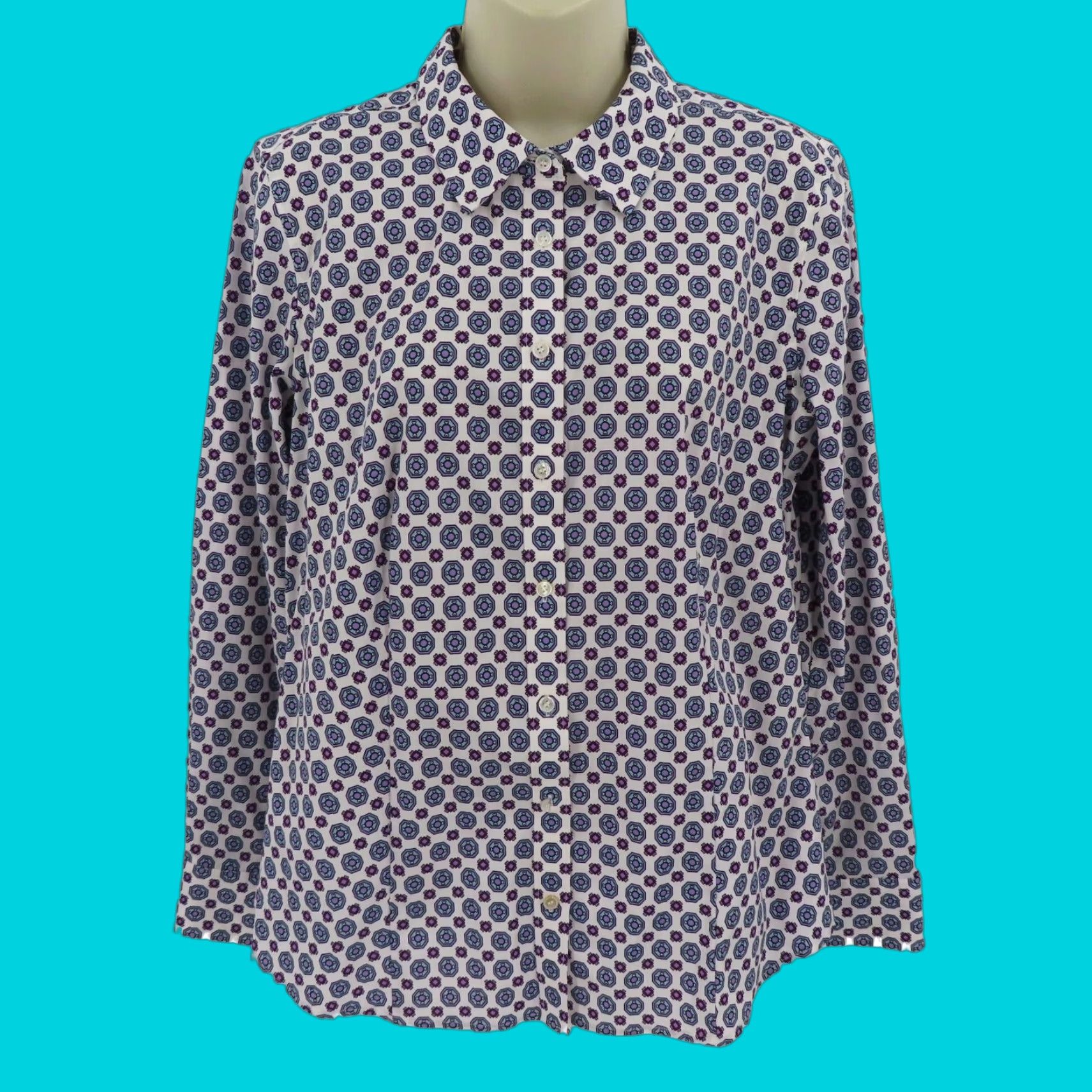 Talbots Talbots Womens 10 Non Iron Purple Blue Geometric Collar Button Shirt Top Blouse Size L / US 10 / IT 46 - 1 Thumbnail