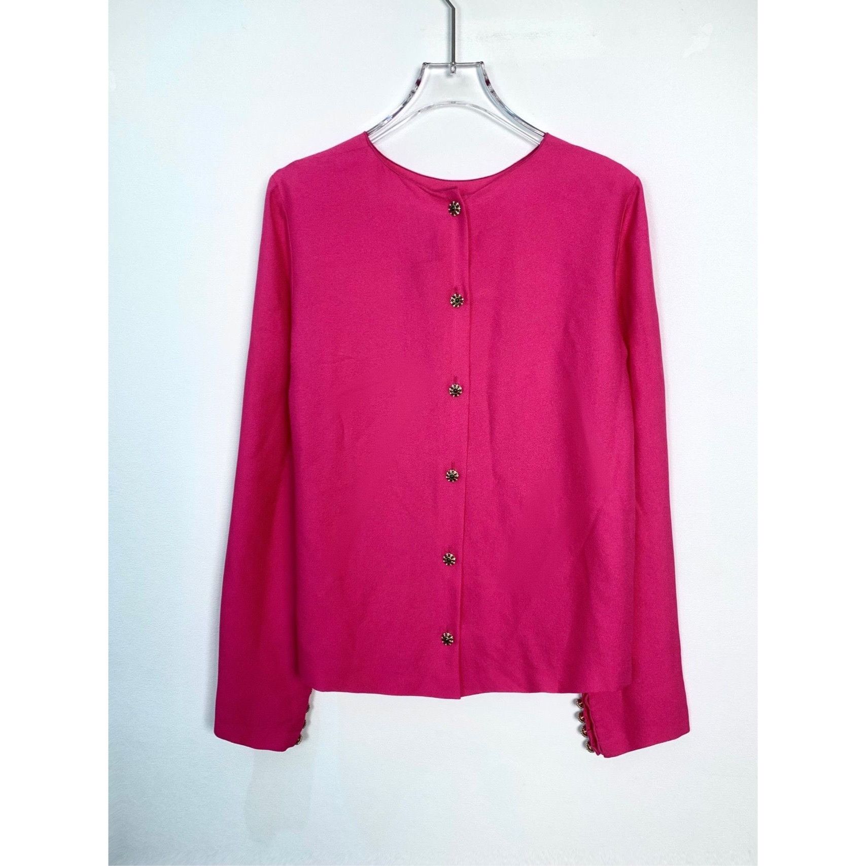 Chanel Womens Rose Red Long-Sleeve Button-Up Crew Neck Jacke