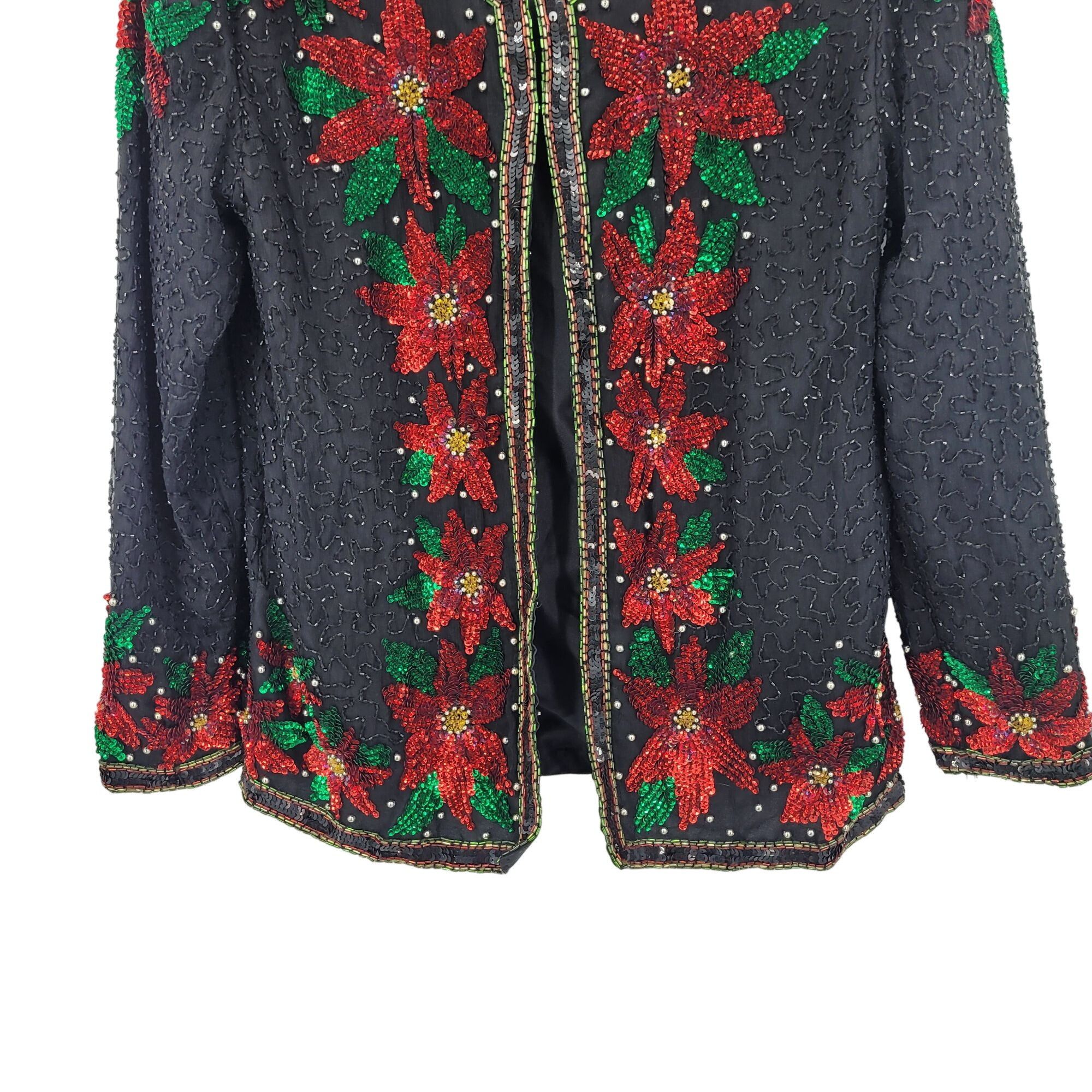 Vintage Vtg 80s Black Silk Red Poinsettia Beaded Jacket Cardigan Sz Size S / US 4 / IT 40 - 7 Thumbnail
