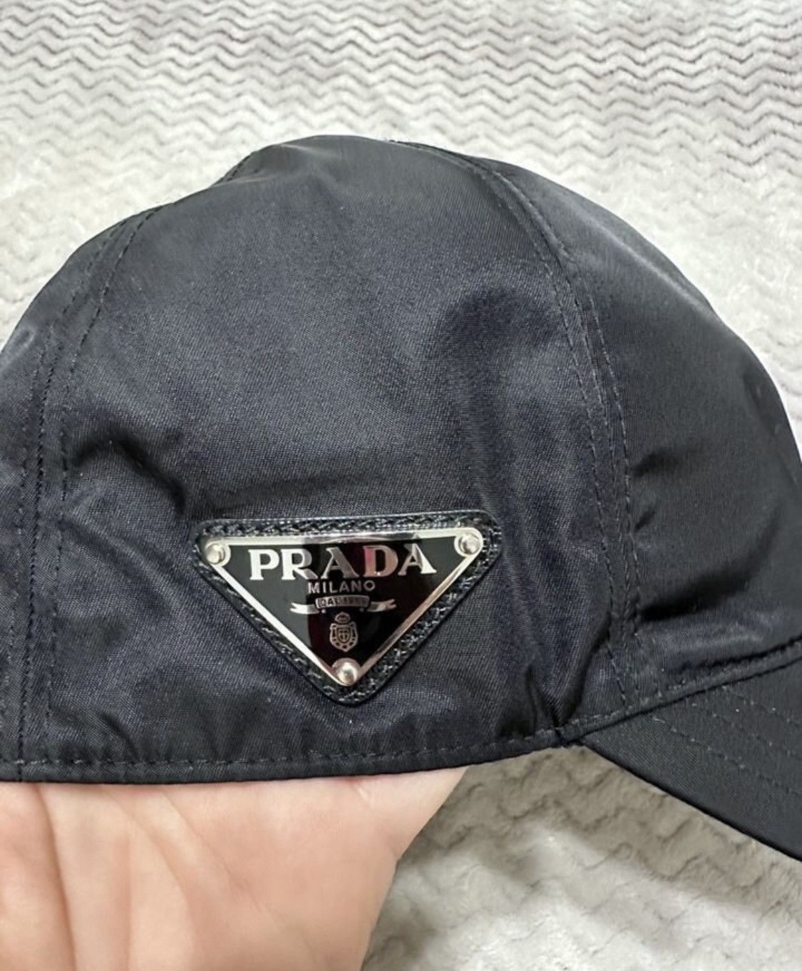 Prada Nylon Logo Patch Detail Cap in Black