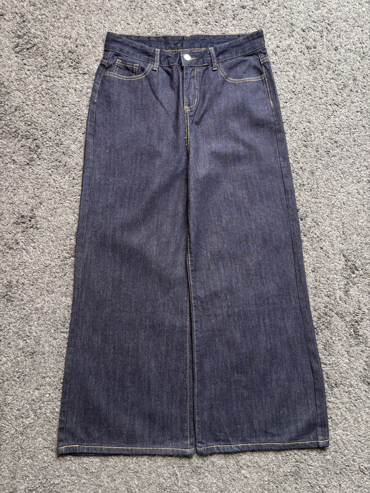 Jean × Vintage Vintage streetwear yellow stitches marine blue baggy jeans Size US 35 - 1 Thumbnail