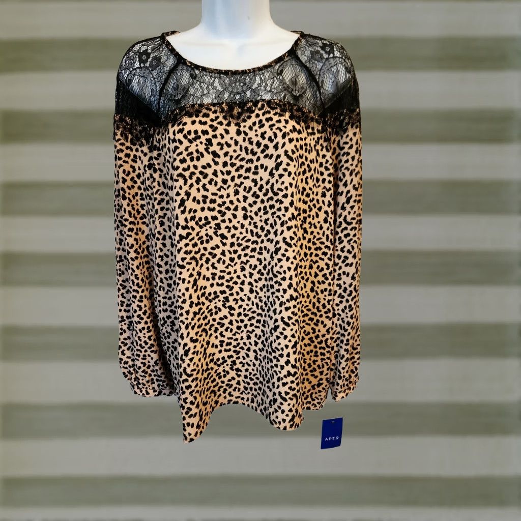 Apt. 9 NWT Apt. 9 Leopard Print Blouse Top w/ Black Lace Yoke Long Sleeve Size L Womens Blouse Multicolor Leopard Casual Shirt Size L / US 10 / IT 46 - 1 Thumbnail