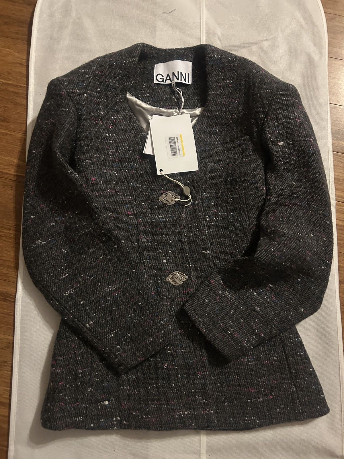 Ganni GANNI Donegal wool-blend bouclé-tweed jacket Anthracite Size XS / US 0-2 / IT 36-38 - 7 Thumbnail