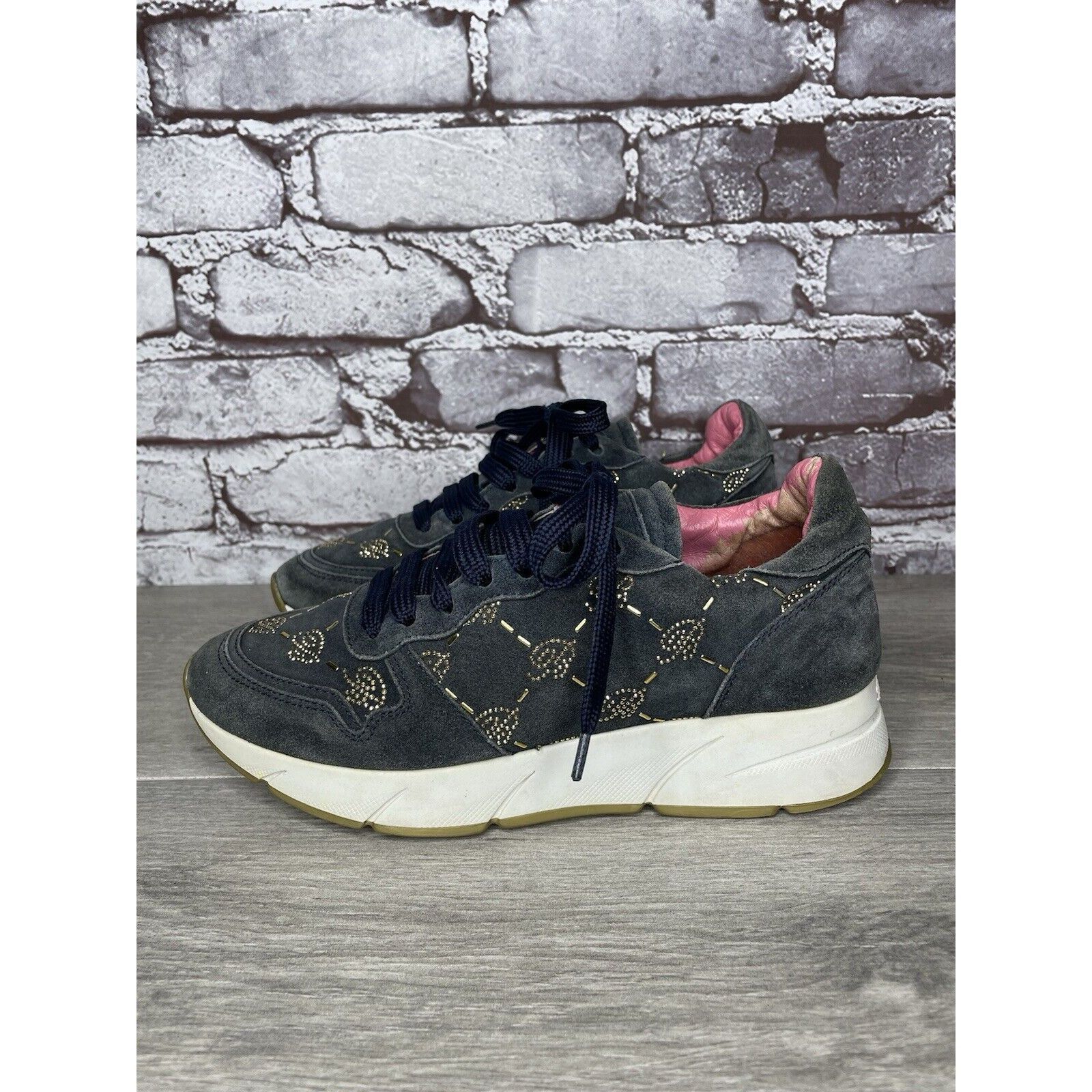 Blumarine Blumarine Blue Suede Gold Embellished Lace Up Sneakers Women Size US 6 / IT 36 - 2 Thumbnail