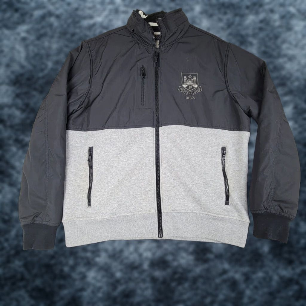 Polo Ralph Lauren Jacket M Loft Fleece Lined Insulated Packable Hooded Zip Full Zip Casual Men L Large Black Gray