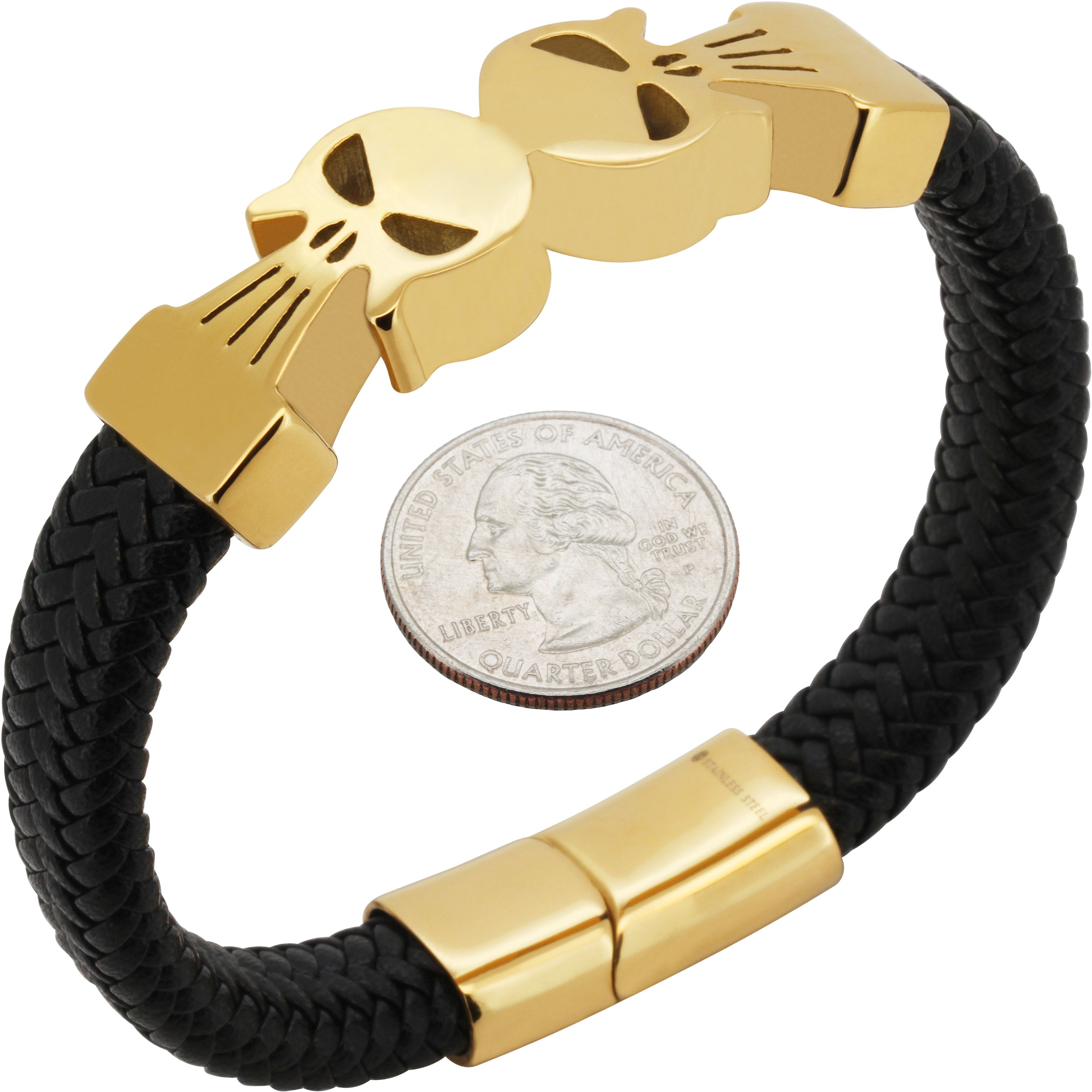 Other 316L Stainless Steel 18k GP 17mm Skull Leather Bracelet 8.5” Size ONE SIZE - 1 Preview