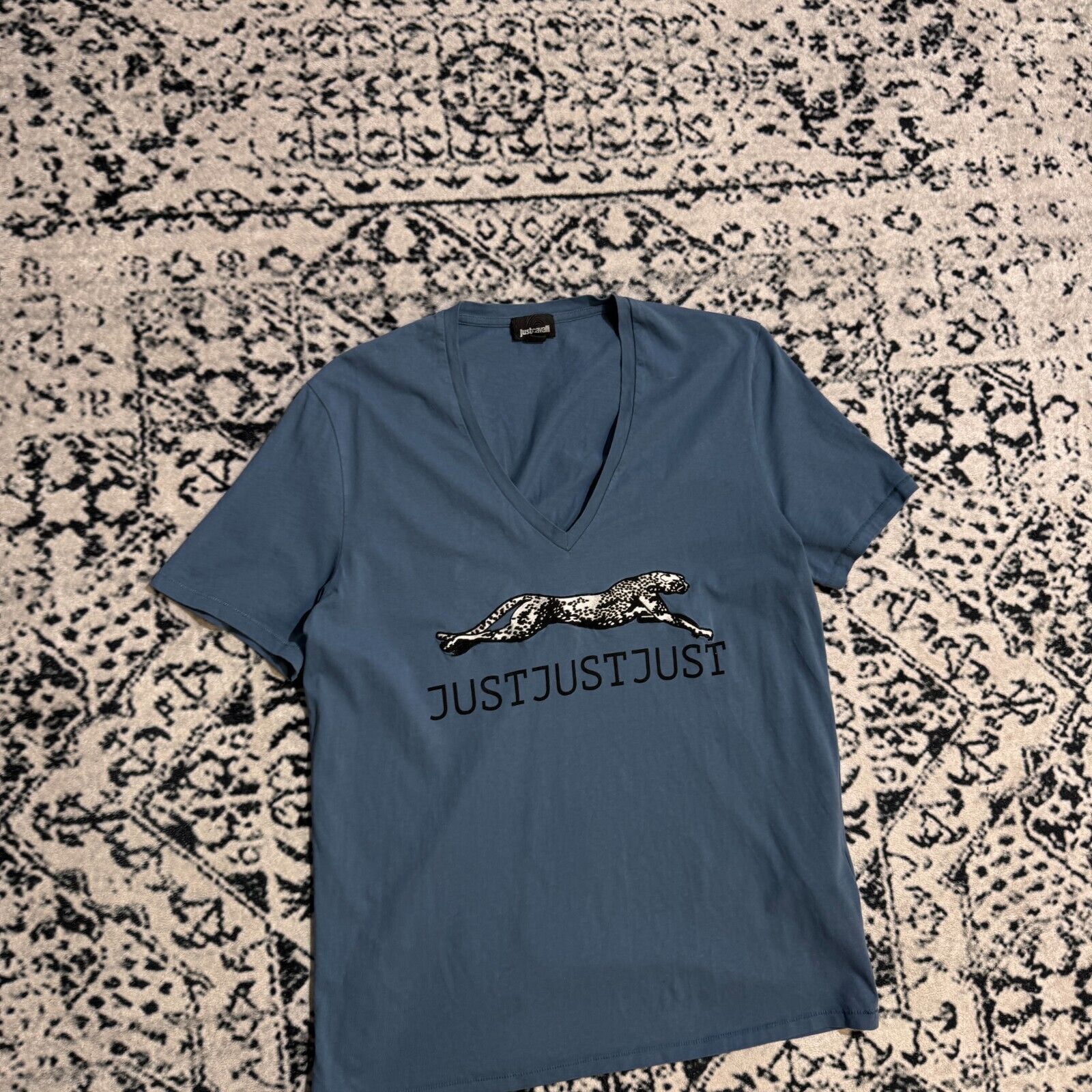 Just Cavalli × Vintage Just Cavalli Blue Cotton T-Shirt Size XS V-Neck Vintage 90s Size US XS / EU 42 / 0 - 3 Thumbnail