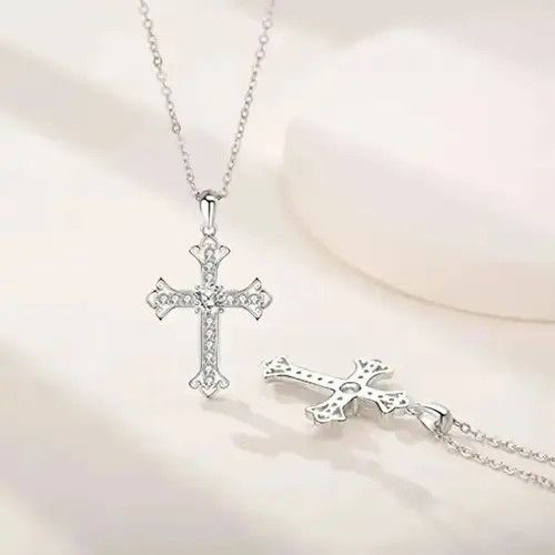 Jewelry 925 Sterling Silver 0.5 Carat Moissanite Cross Necklace Size ONE SIZE - 3 Thumbnail