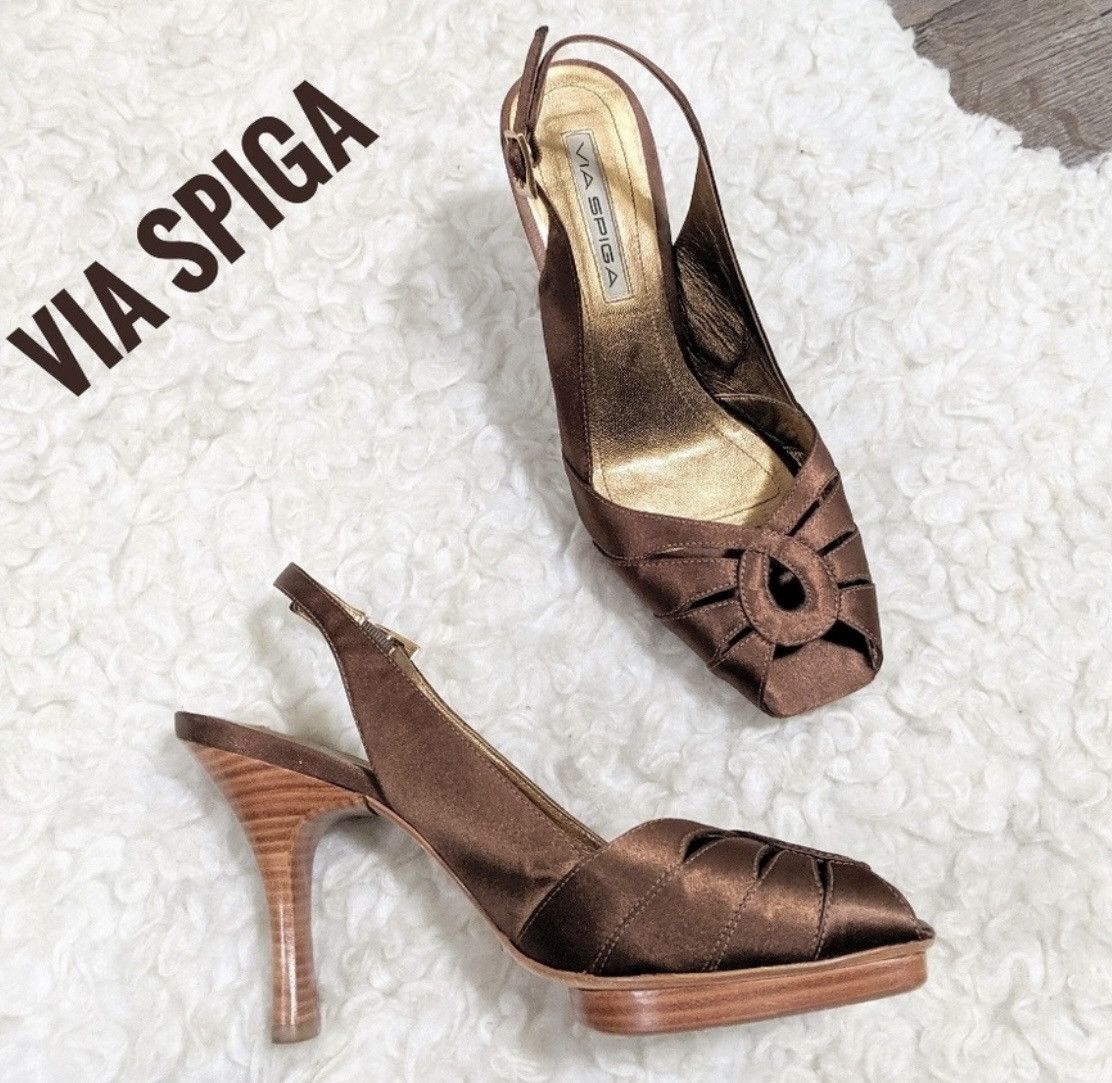 Other Via Spiga Vero Cuoio Copper Brown Satin Peep Toe Size US 8.5 / IT 38.5 - 6 Thumbnail