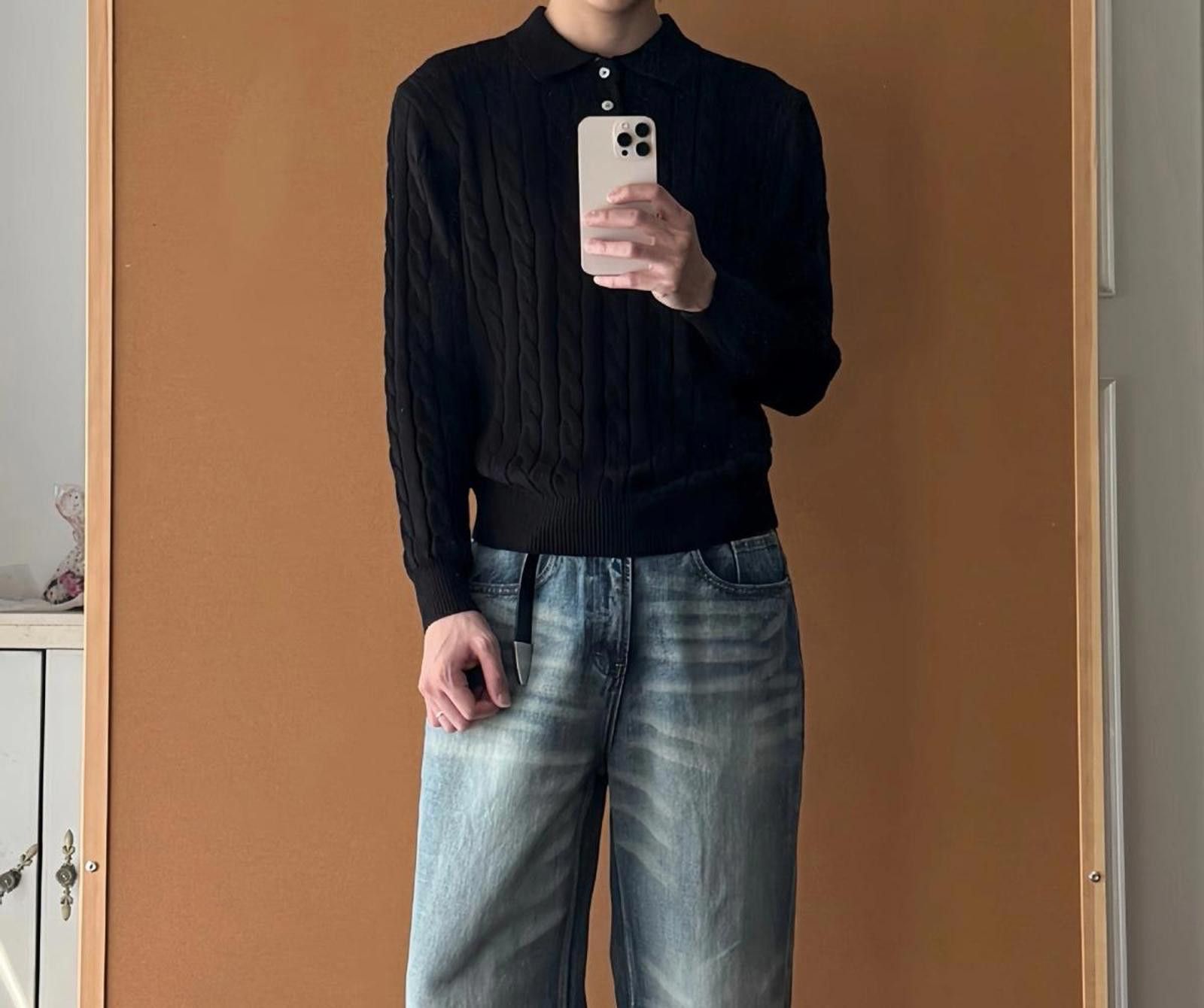 Vintage Cable Knit Polo Sweater for Men, Classic Fit Sweater Size US L / EU 52-54 / 3 - 6 Thumbnail