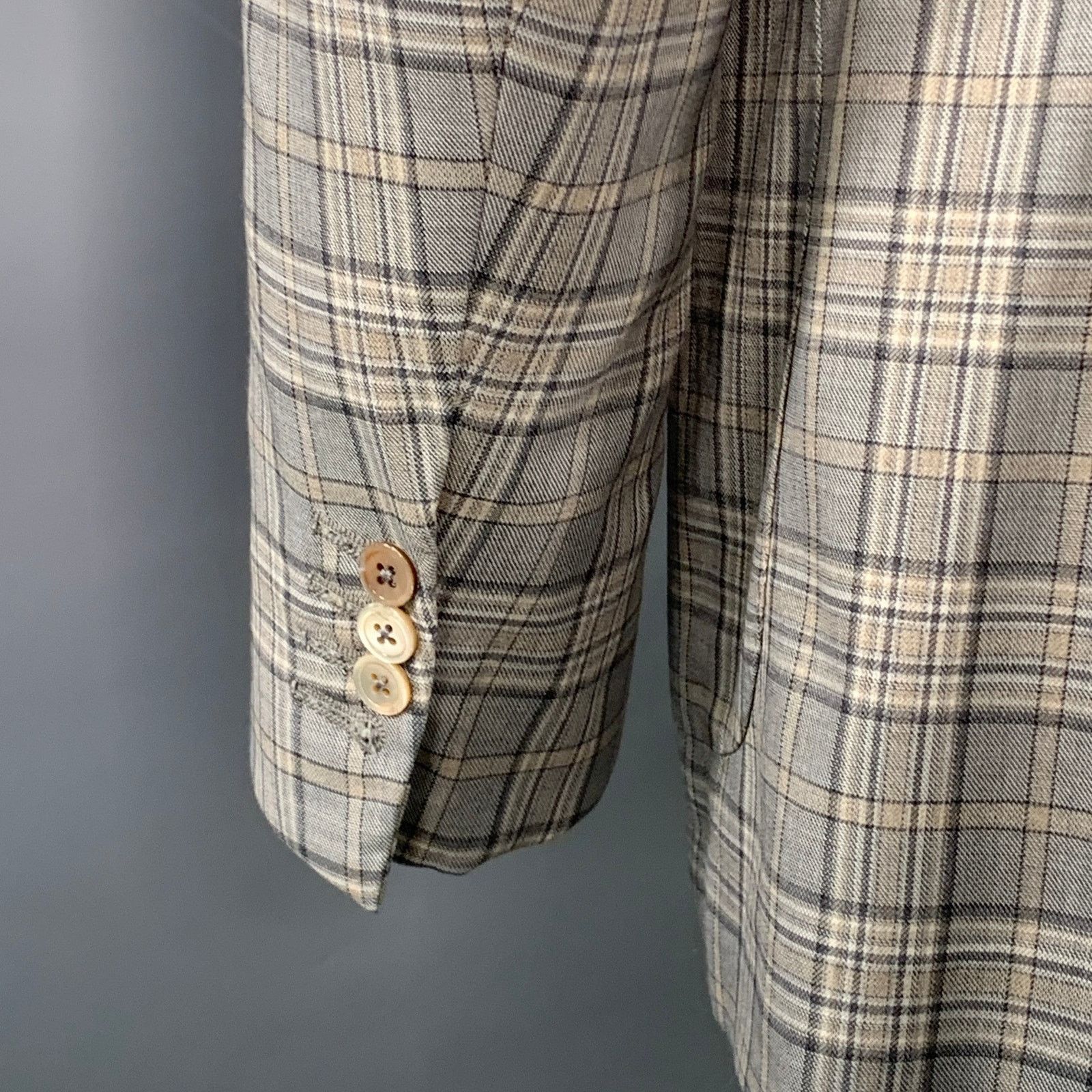 Isaia ISAIA 44 Long Grey Taupe Plaid Wool Notch Lapel Sport Coat Size 44R - 4 Thumbnail