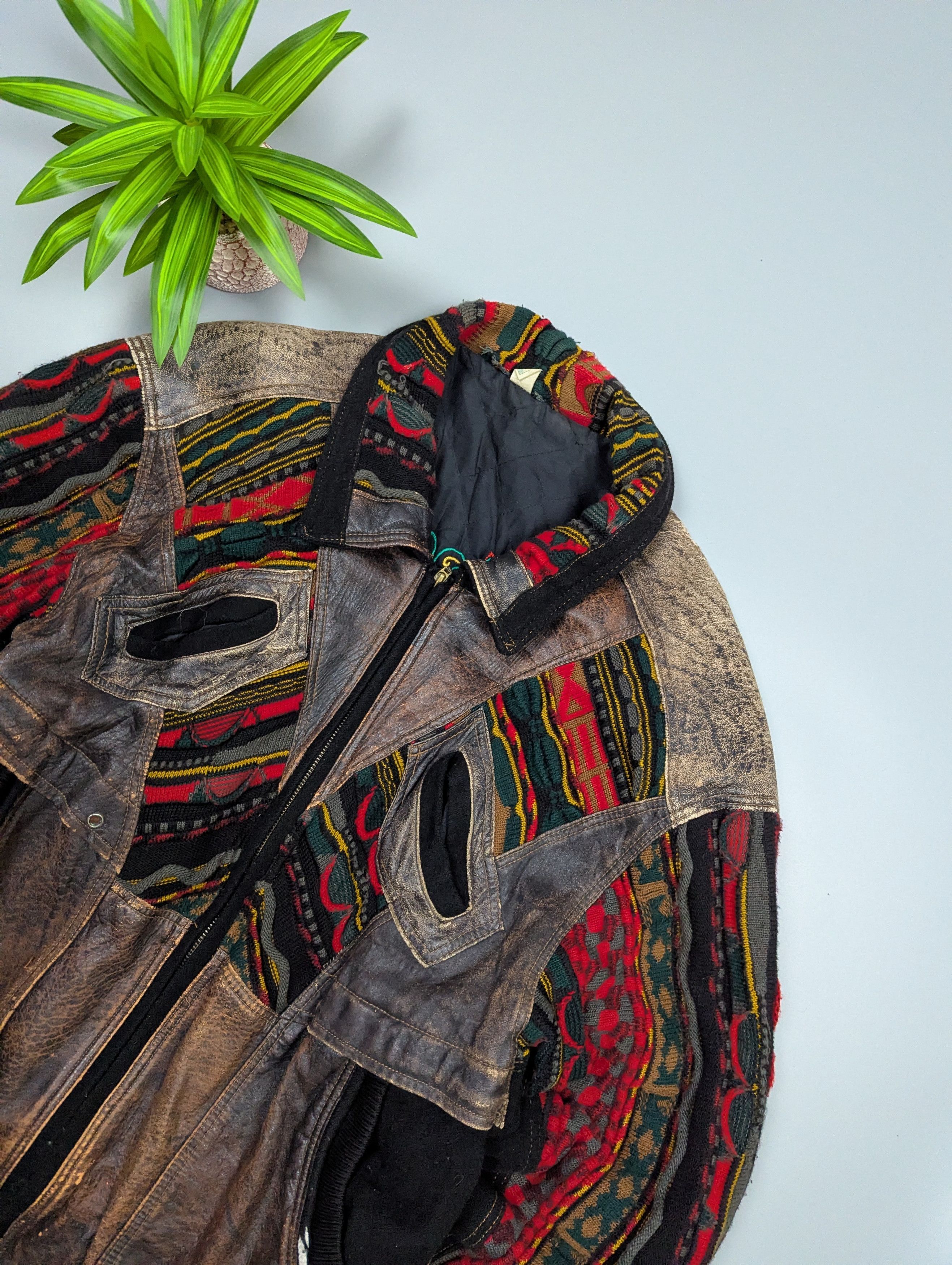 Vintage Roger Springfield Vintage 80s Leather×Knit Patchwork Bombe Size US L / EU 52-54 / 3 - 4 Thumbnail