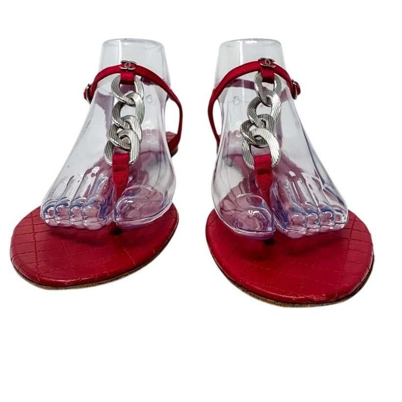 Chanel Chanel Red Silver Chain T Strap CC Logo Flat Sandals sz 37.5 Size US 7.5 / IT 37.5 - 3 Thumbnail