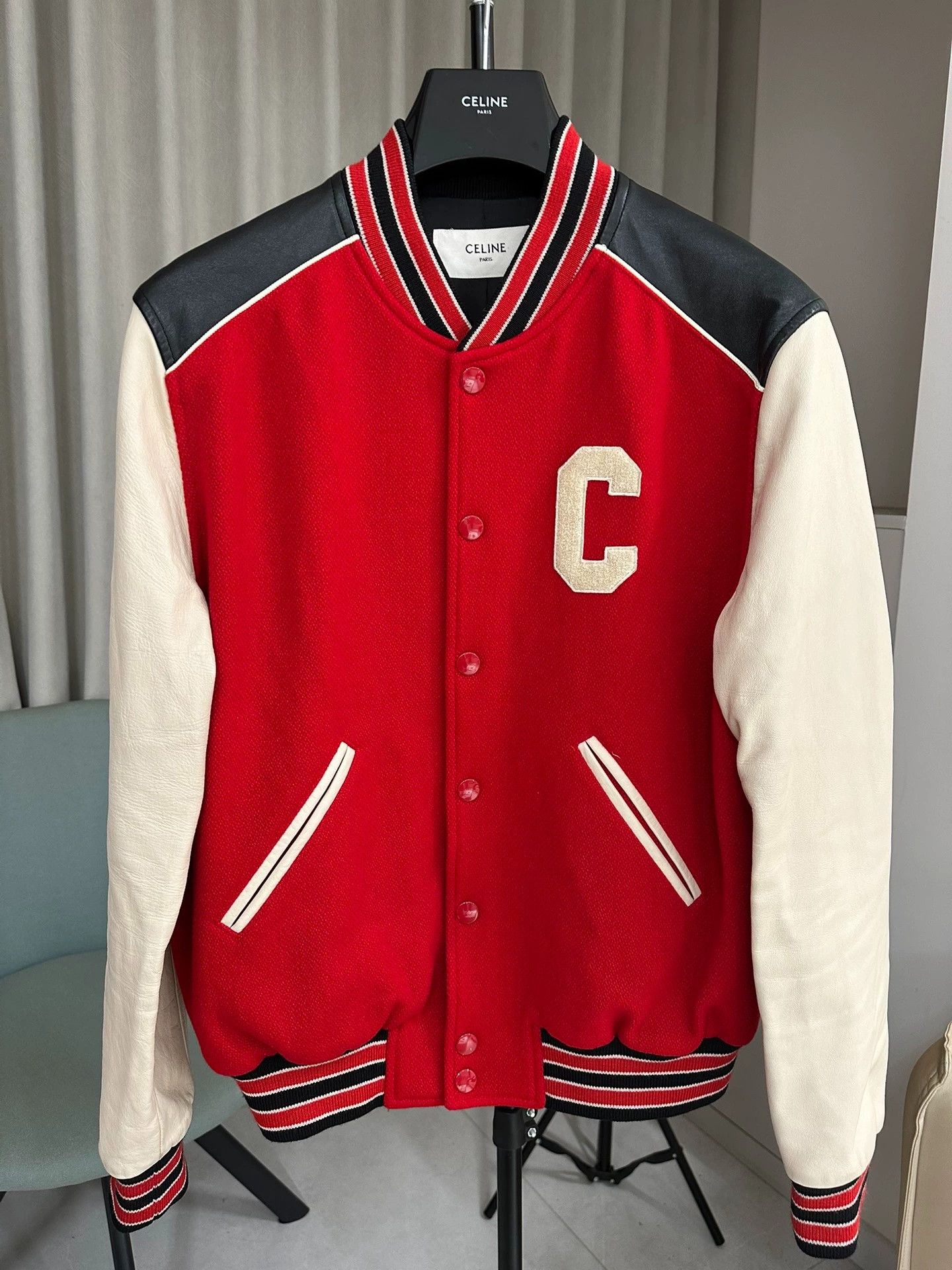 Celine wool and sheepskin patchwork baseball jacket