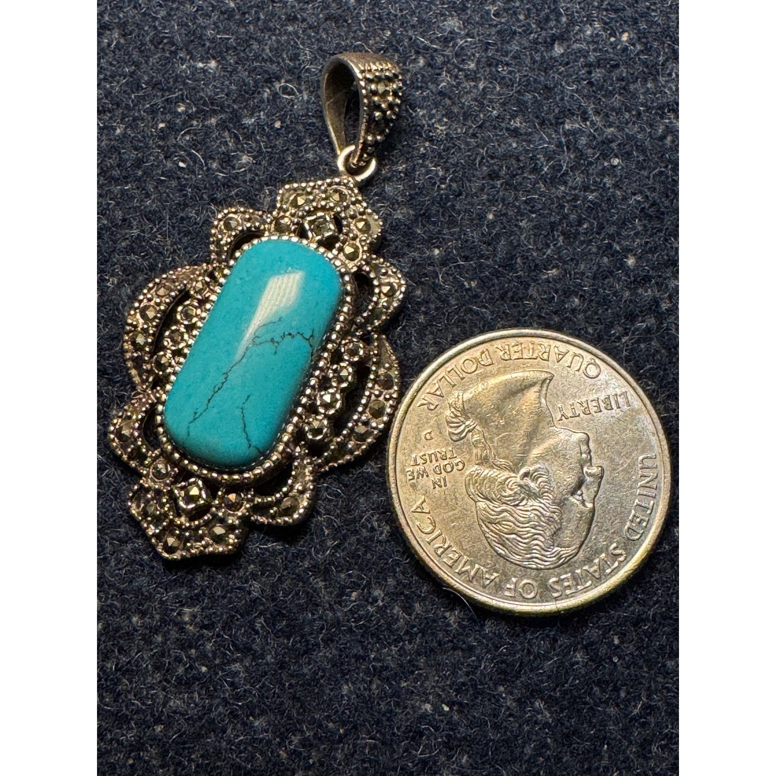Other 925 Silver Rectangular Turquoise Cabochon Marcasite Pendant Size ONE SIZE - 3 Thumbnail