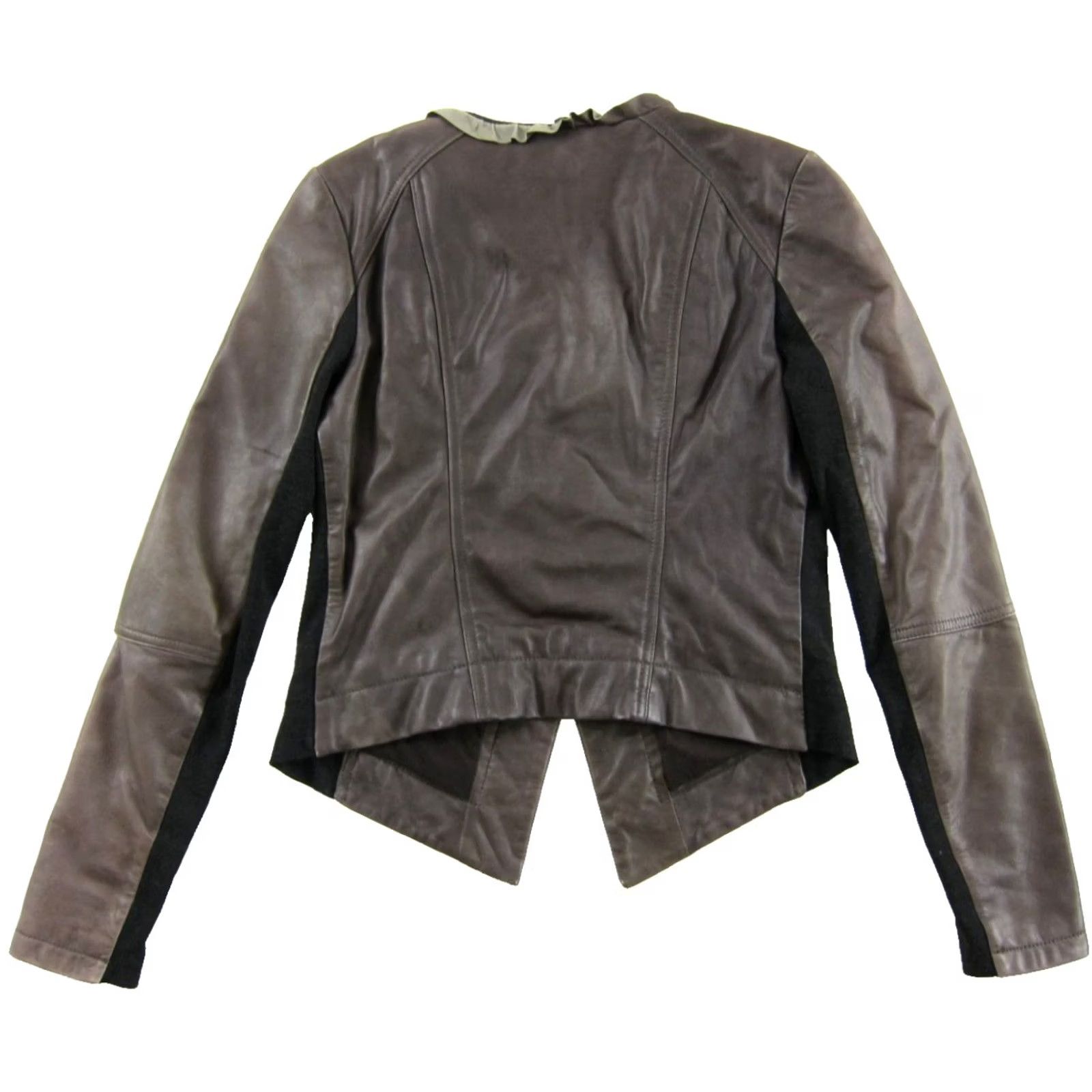 Vintage Hinge Women Blazer Moto Jacket Small Brown Ruffle Neck Soft Leather Crop Size S / US 4 / IT 40 - 2 Thumbnail