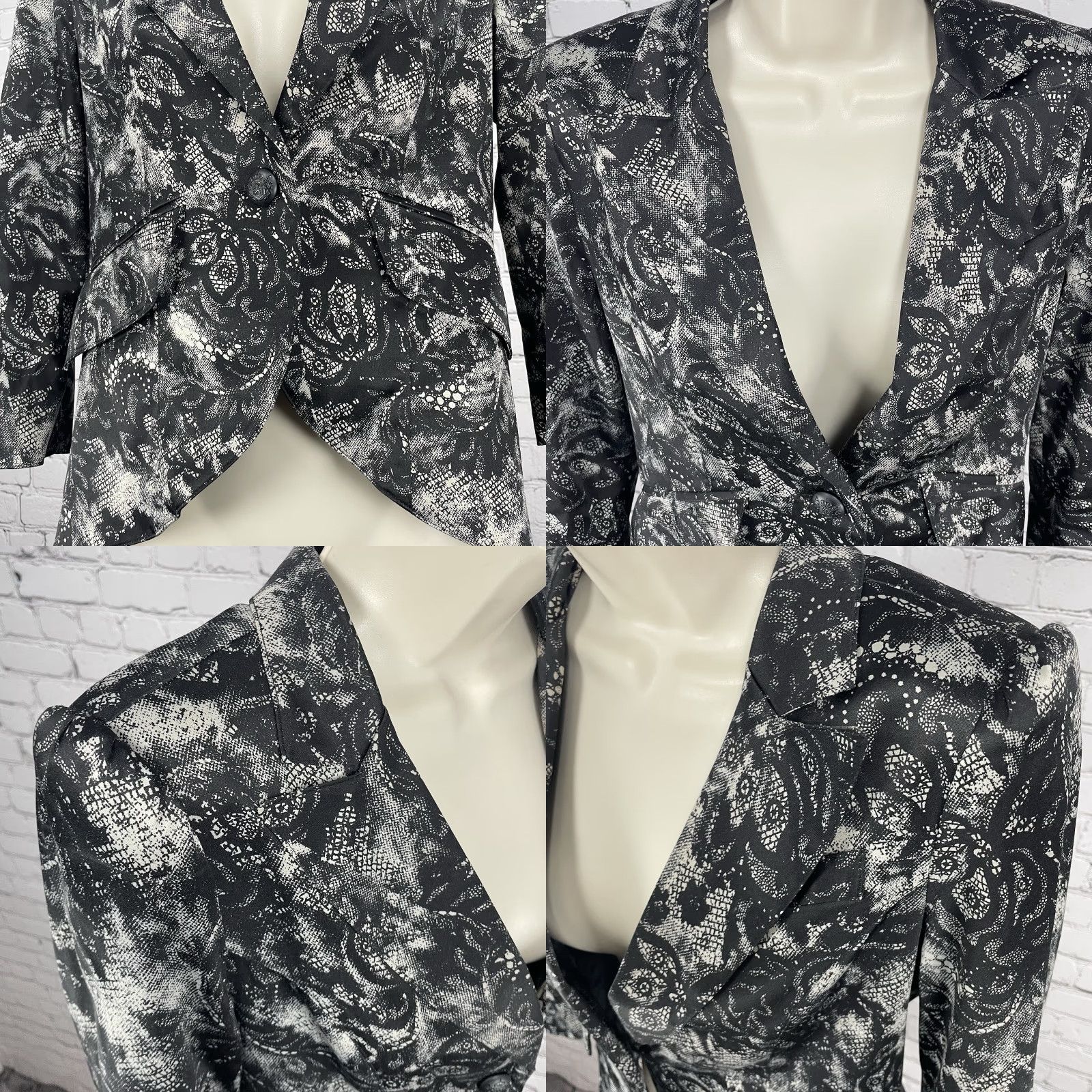 Vintage VINTAGE Bellatrix Black Lace Printed Lightweight Stretch Blazer Jacket Small S Button Size S / US 4 / IT 40 - 8 Thumbnail