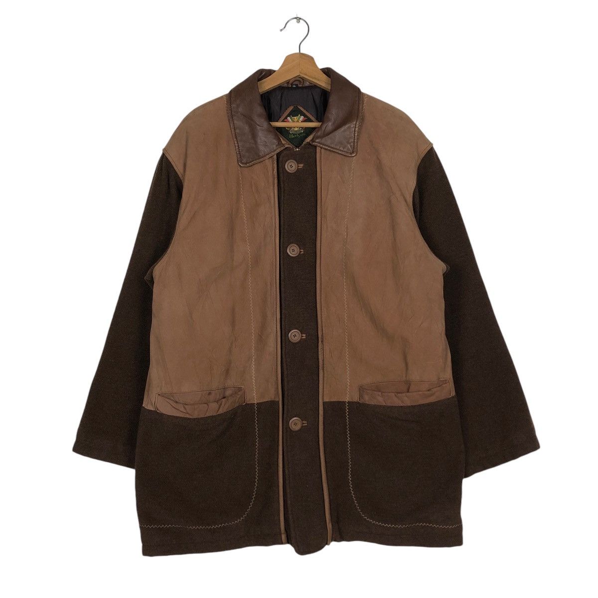 Vintage 📌 WOOL CHORE LEATHER COLLAR JACKET BLUE EFORST ISSEY MIYAKE Size US M / EU 48-50 / 2 - 2 Thumbnail
