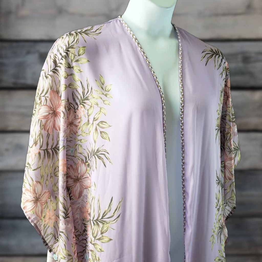 Vintage Catherines Kimono Womens Sz 0X-1X Purple Pink Floral Open Front Size XL / US 12-14 / IT 48-50 - 1 Thumbnail