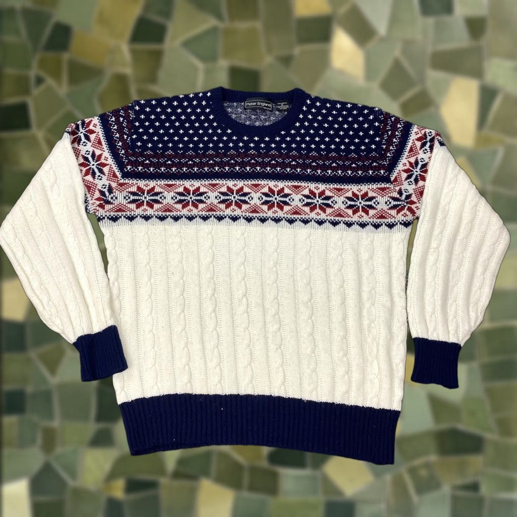 Vintage VINTAGE Peter England Sweater Mens XL Ivory Fair Isle Cable Knit 90s Pullover Crew Neck Men XL Knitted Jumper Size US XL / EU 56 / 4 - 1 Thumbnail