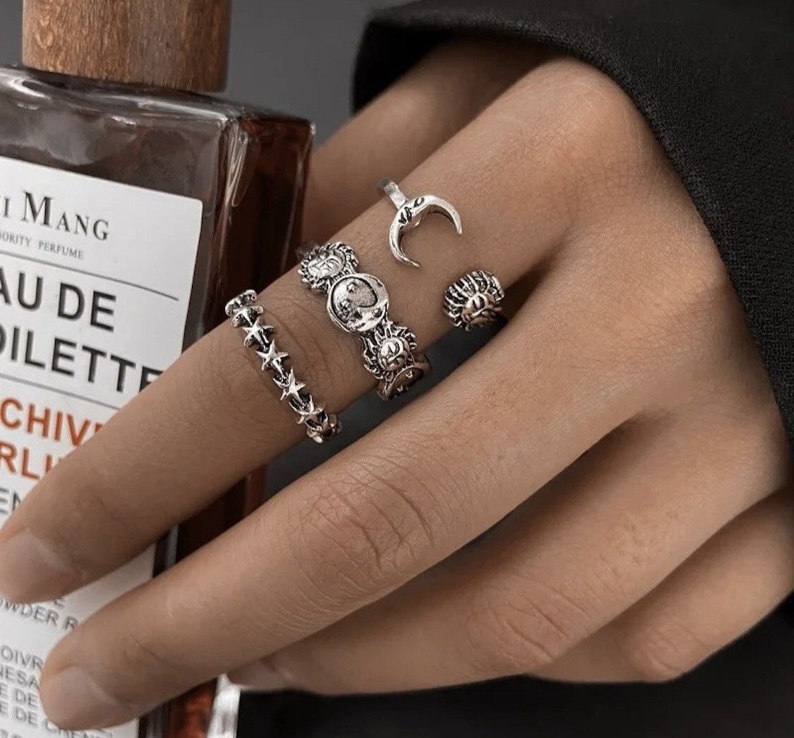 Jewelry 3 Pieces/ Set Moon Stars Adjustable Ring Size ONE SIZE - 1 Thumbnail