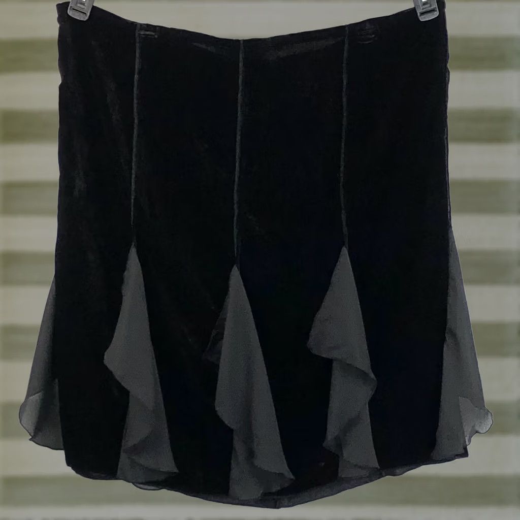 Vintage Allison Taylor Velvet Chiffon Skirt L Black Gothic Fairy Flutter Accents Knee Length Women's Size 36" / US 14 / IT 50 - 1 Thumbnail