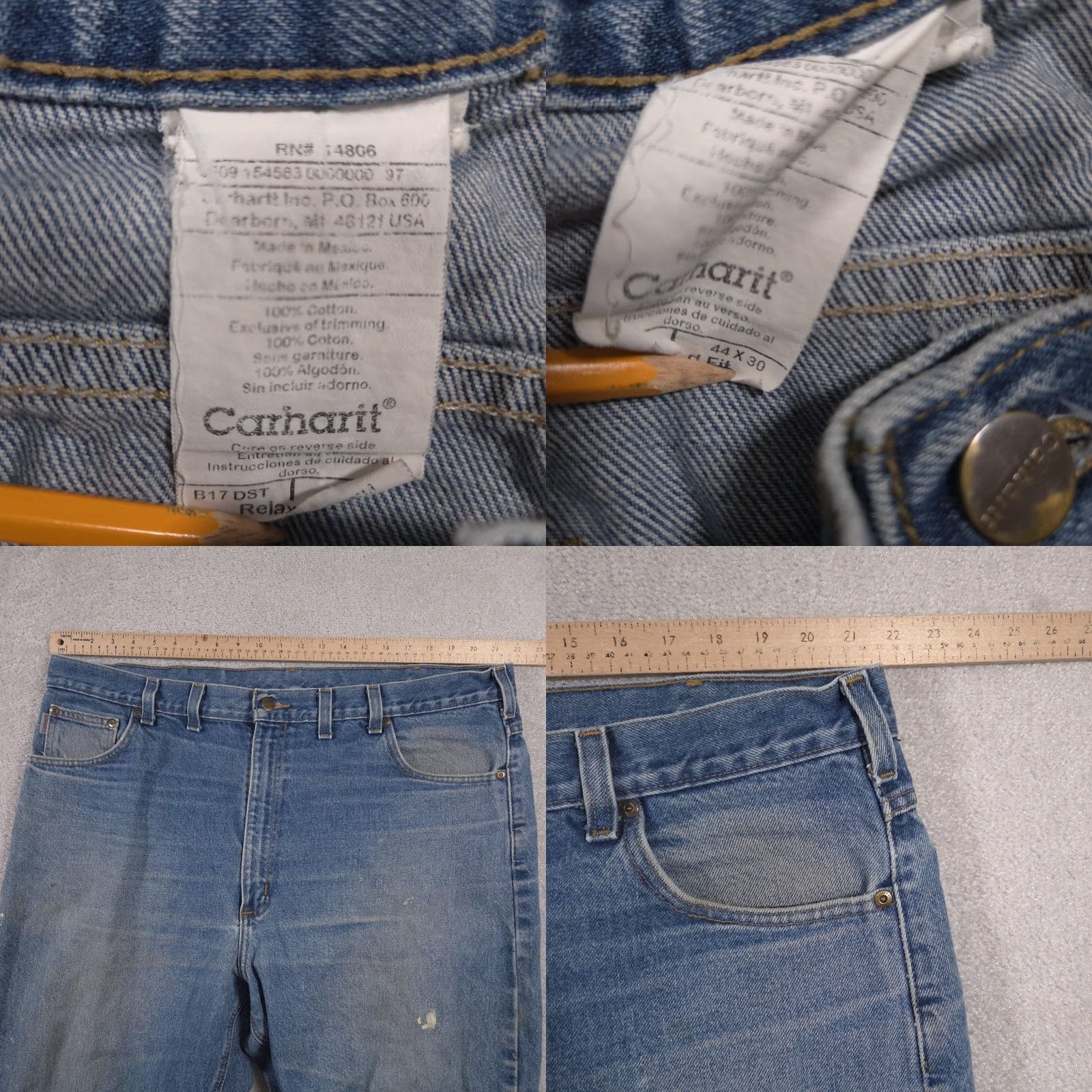 Carhartt VINTAGE Carhartt Jeans Mens 44x30 Blue Relaxed Fit B17 DST Denim Distressed Paint Stain Regular Men? Size US 44 / EU 60 - 9 Thumbnail