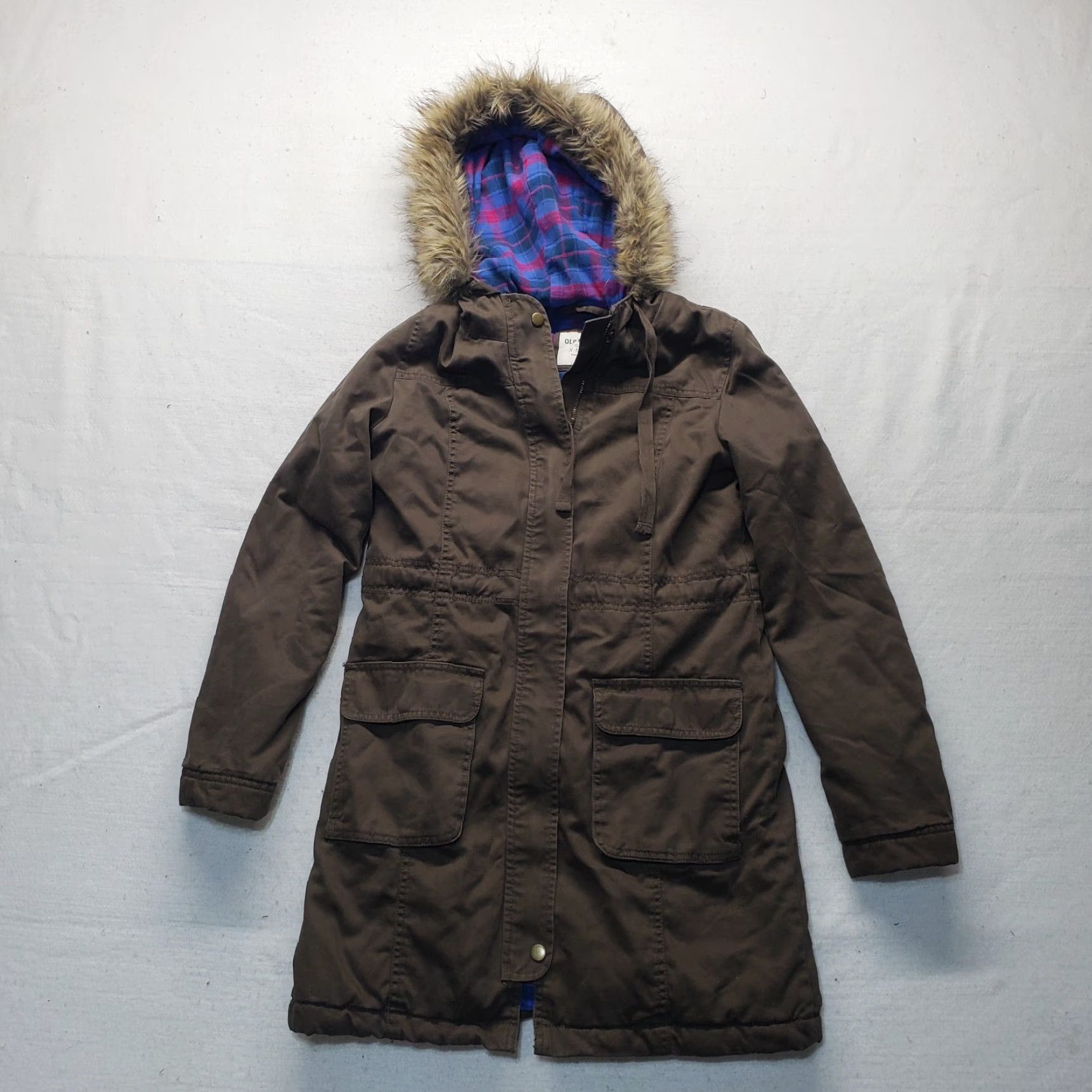Old Navy Old Navy Hooded Field Jacket Zip Front Brown Plaid Lined Women's XS Size XS / US 0-2 / IT 36-38 - 2 Thumbnail