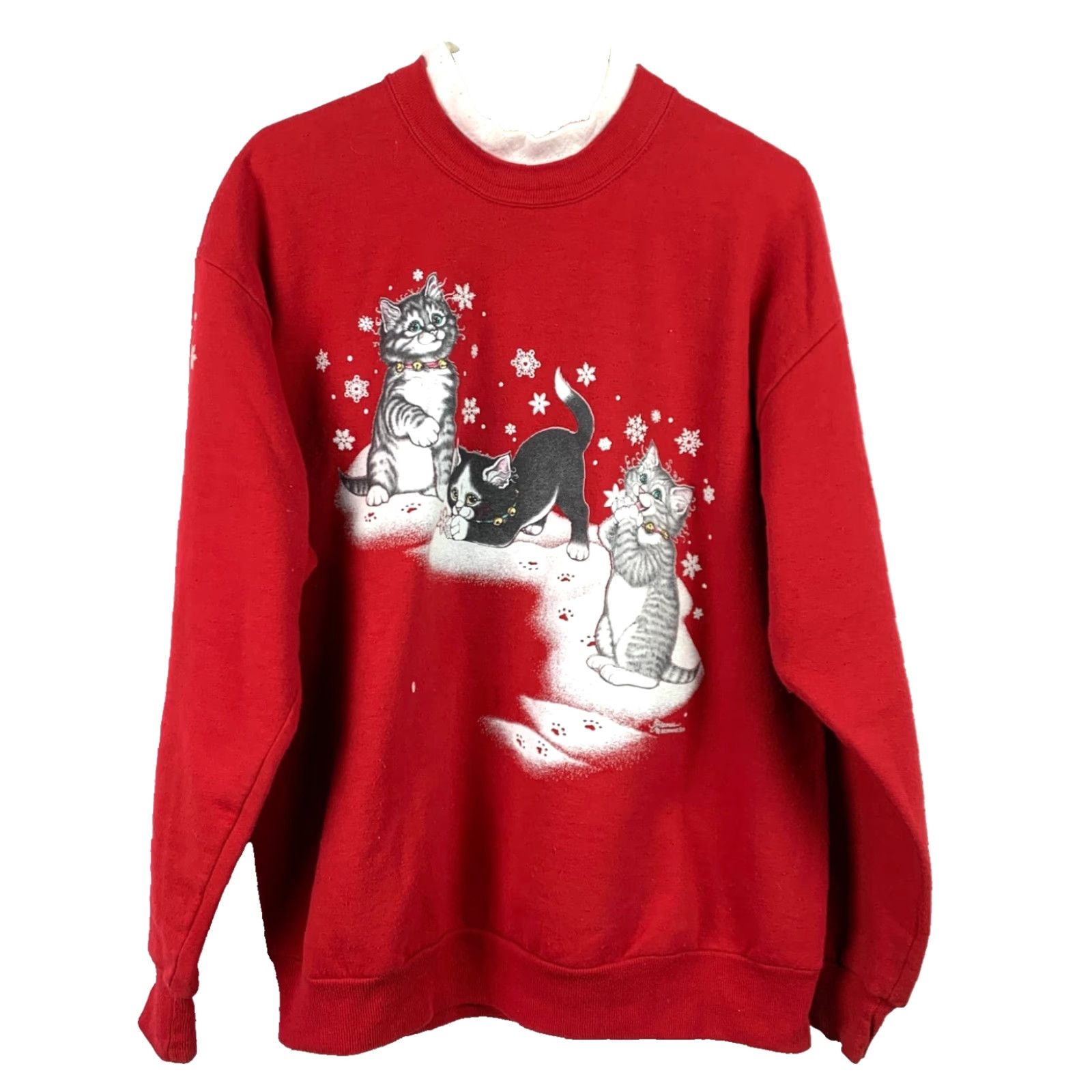 Vintage VINTAGE Morning Sun Cats Playing In Snow Sweatshirt Large Red 90s Cats Playing In Snow Womens Sweatshirt Size L / US 10 / IT 46 - 2 Thumbnail
