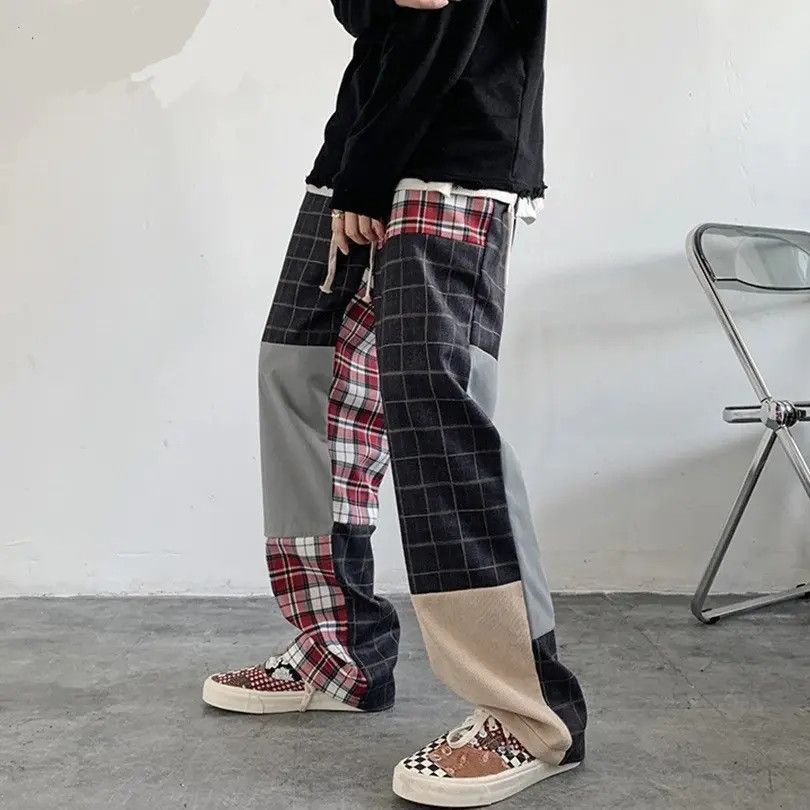 image of Patchwork Plaid Streetwear Pants in Brown, Men's (Size 28)