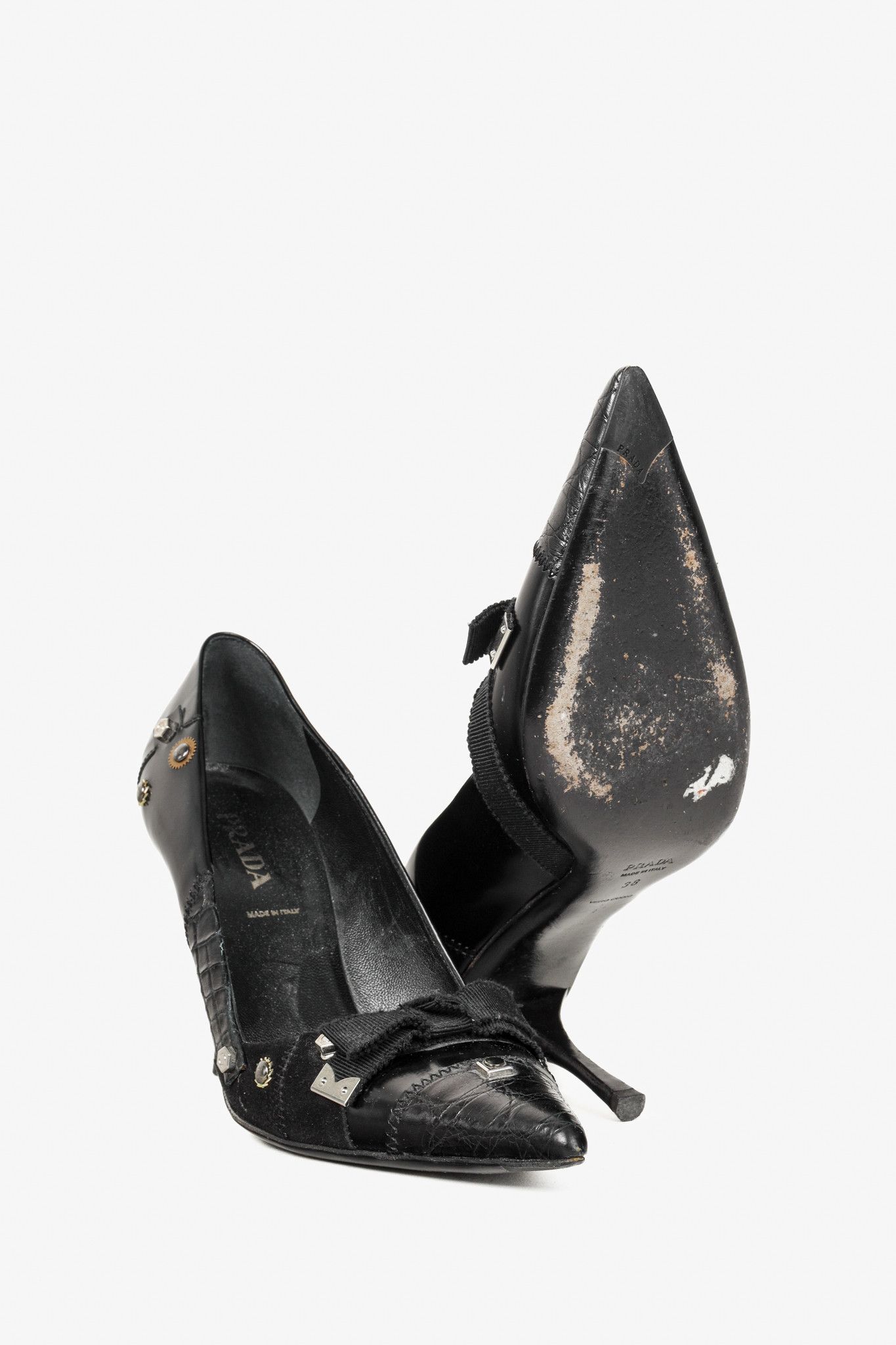 Prada Prada Black Tool Embellished Ribbon Trim Pumps Size US 8 / IT 38 - 4 Thumbnail