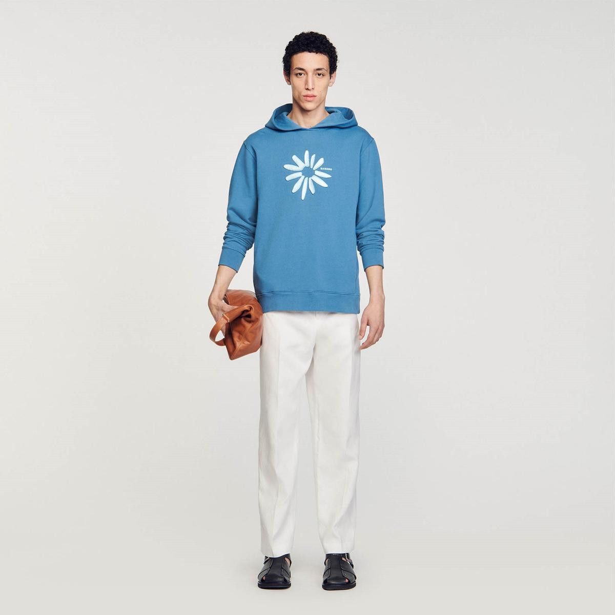 Sandro Sandro Paris Blue Cotton Glossy Flower Appliqué Hoodie M Size US M / EU 48-50 / 2 - 2 Thumbnail