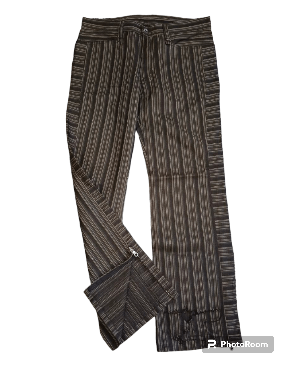 image of Distressed Denim x If Six Was Nine Sick Flare Zipper Nicole Stripe Denim Pants in Brown (Size 32)
