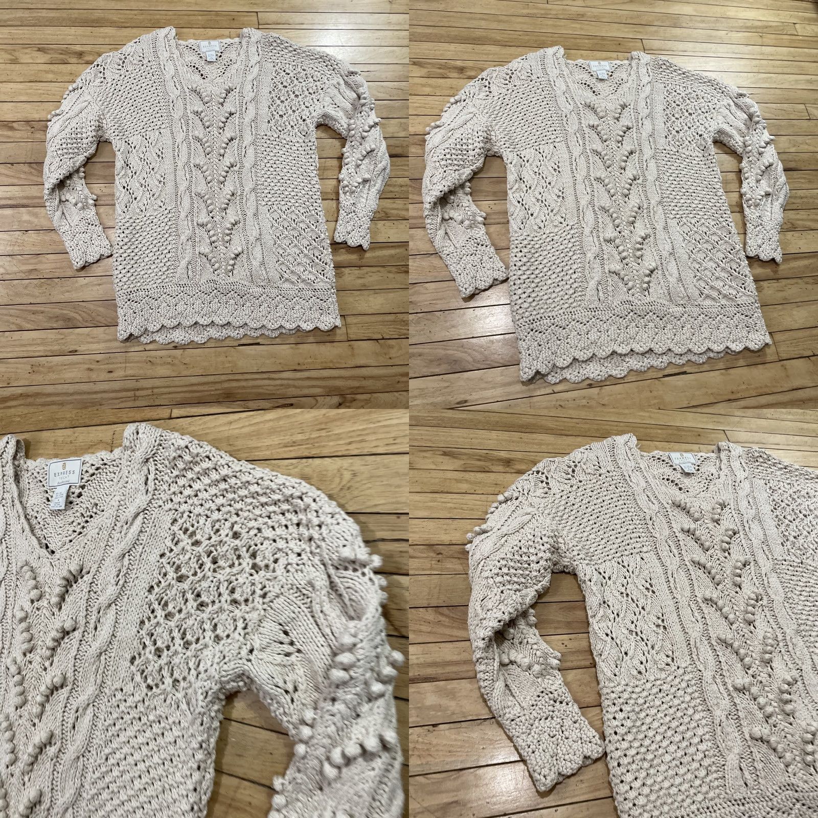 Express VINTAGE EXPRESS TRICOT Crochet Silk Tunic Sweater Dress Women M Cream Boho Hand Knit Shirt Size M / US 6-8 / IT 42-44 - 10 Thumbnail