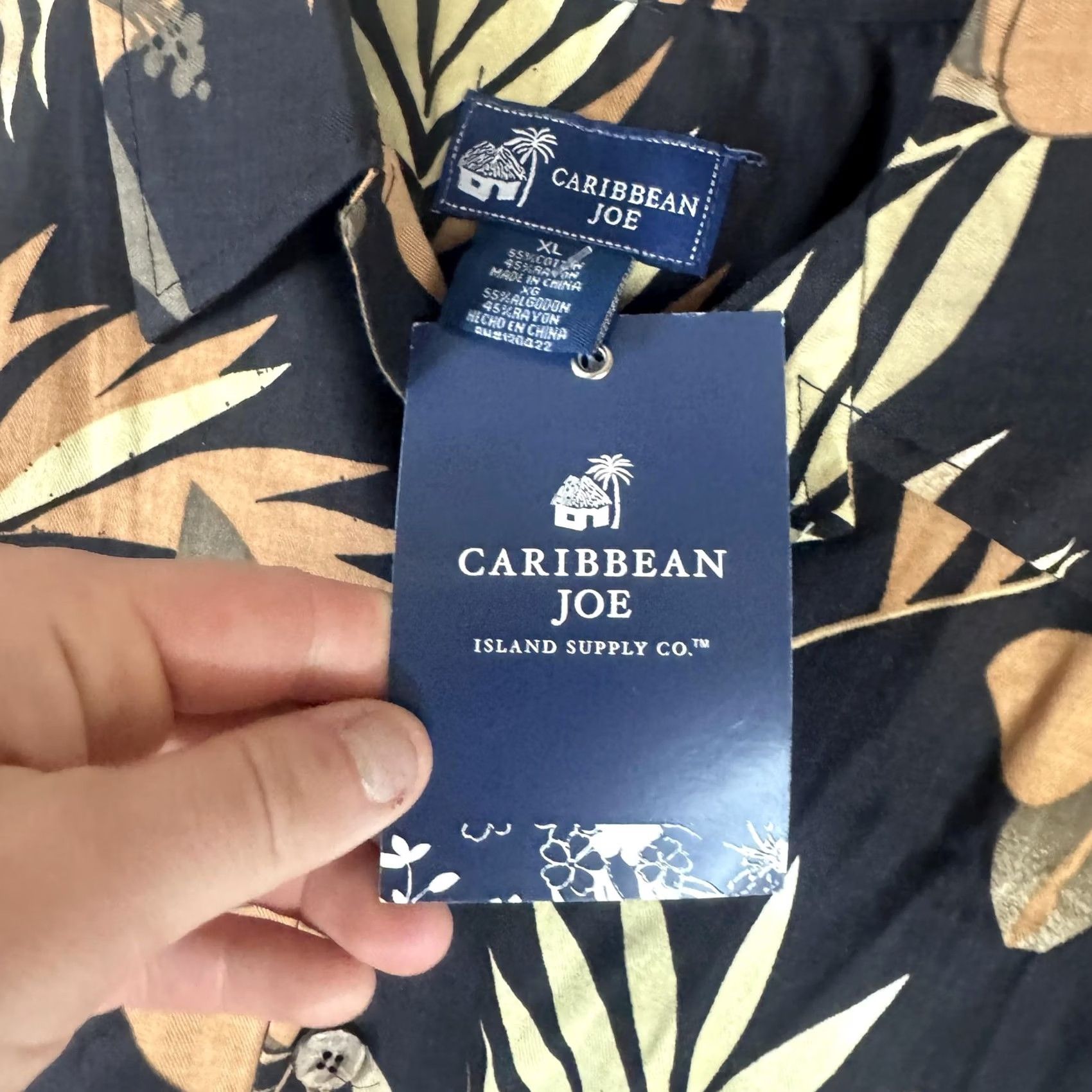 Vintage Caribbean Joe Shirt Mens XL Black Hawaiian Short Sleeve Button Front Tropical Floral Beach vacation casual Size US XL / EU 56 / 4 - 7 Thumbnail