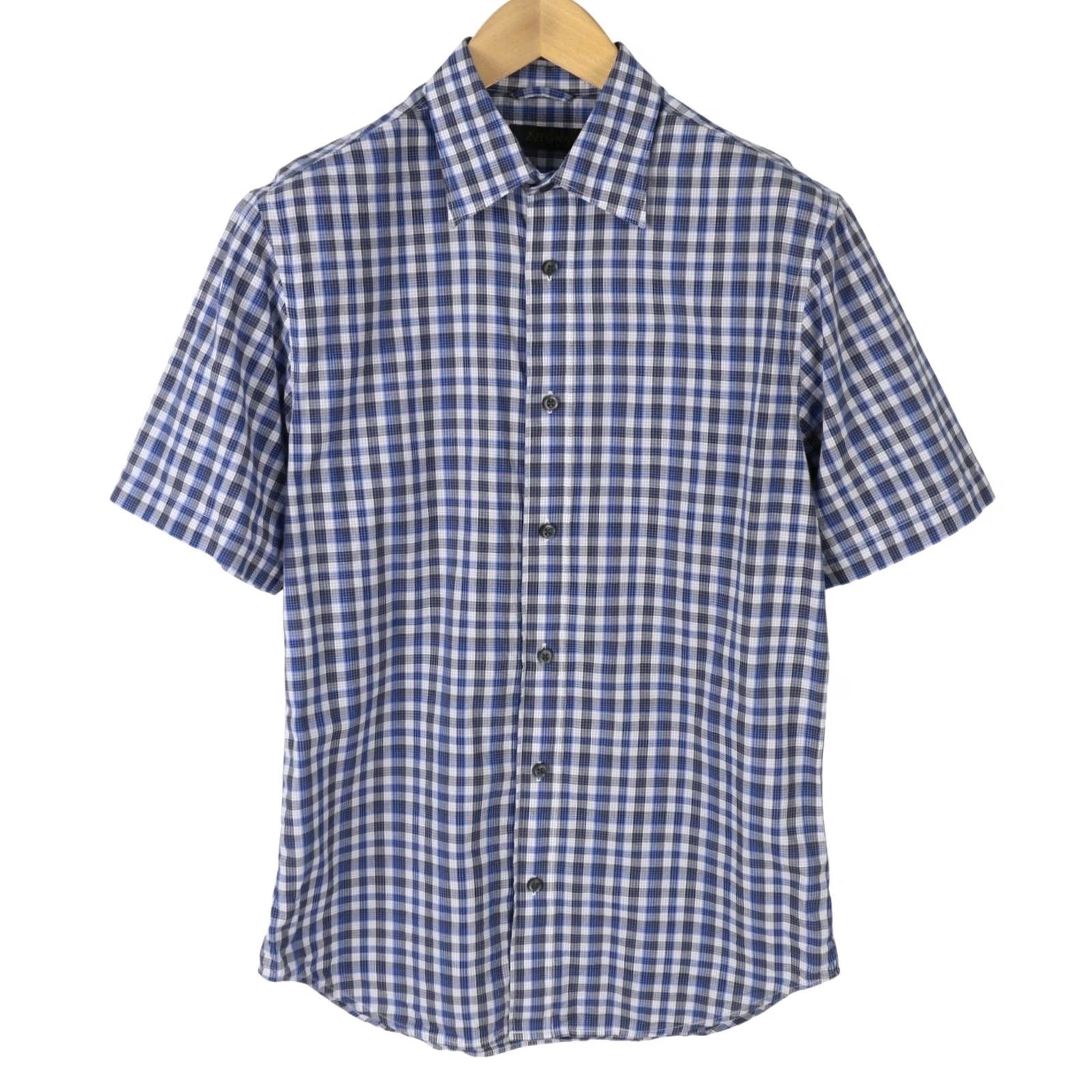 Z Zegna Z ZEGNA Shirt M Blue Plaid Button Front Spread Short Sleeve Men's Size US M / EU 48-50 / 2 - 2 Thumbnail