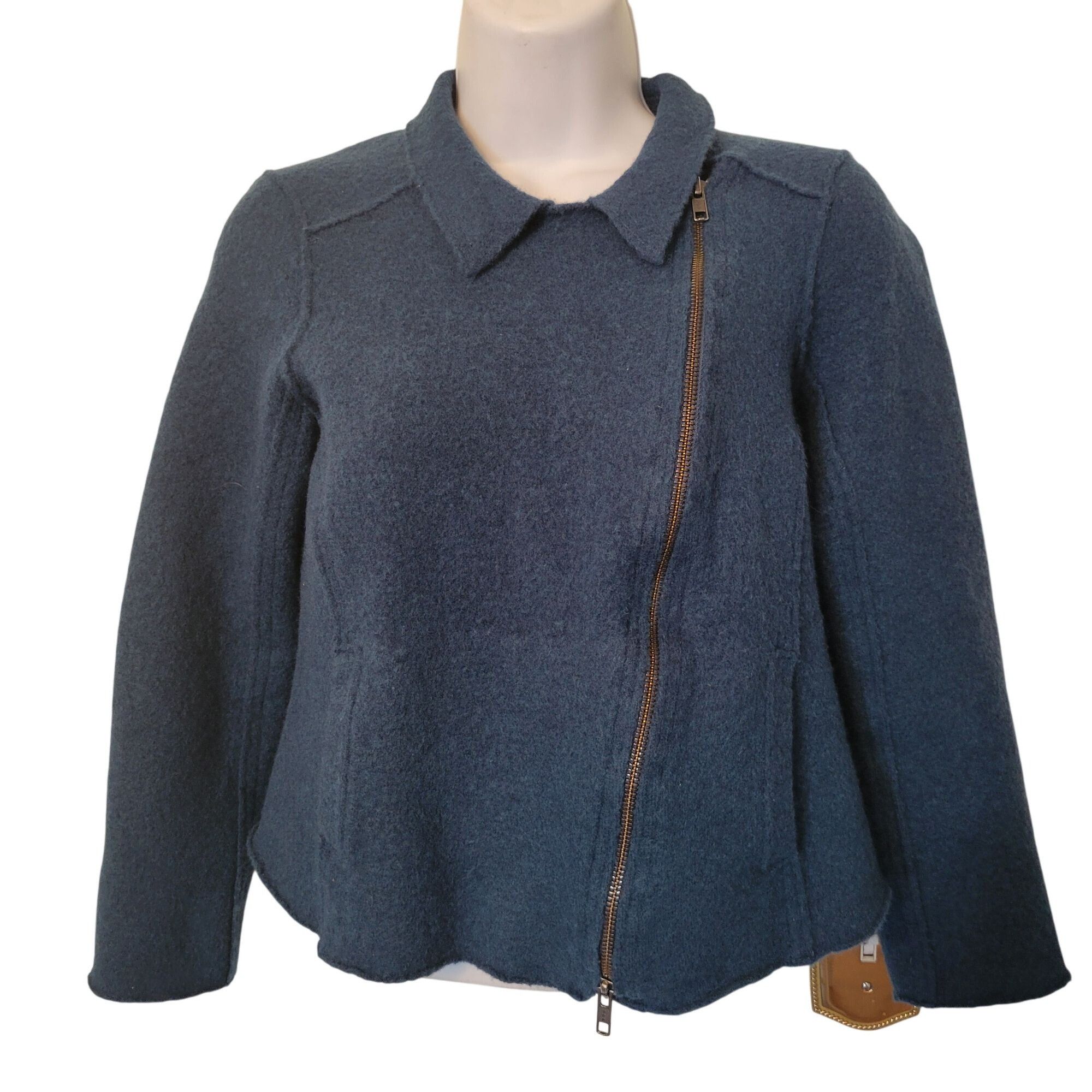 Eileen Fisher Eileen Fisher Blue Boiled Wool Asymmetrical Zip Moto Jacket Size M / US 6-8 / IT 42-44 - 2 Thumbnail