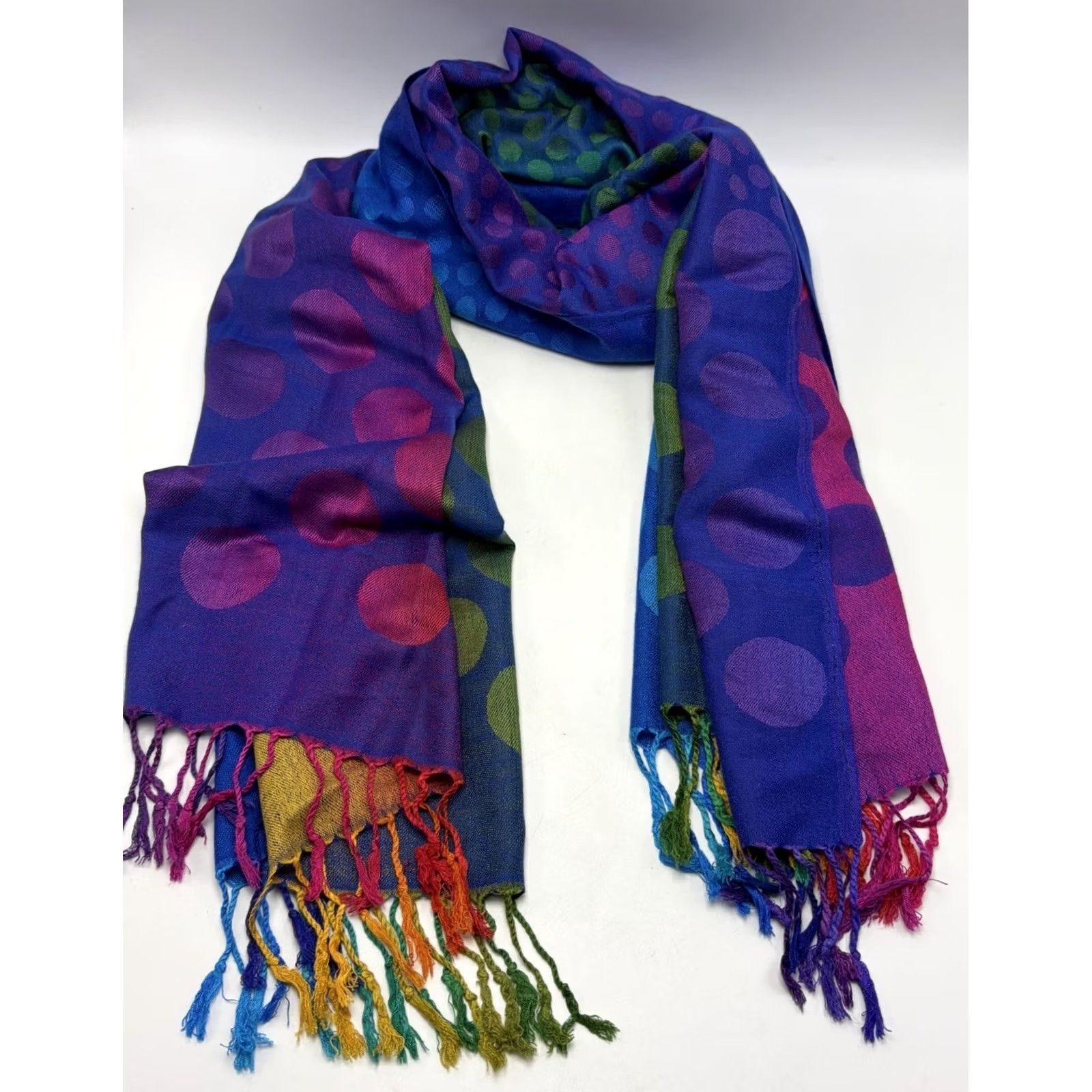 Rainbow Cashmere Scarf 100% Cashmere Polka Dot Rainbow Color Block Blue Read Read Size ONE SIZE - 2 Thumbnail