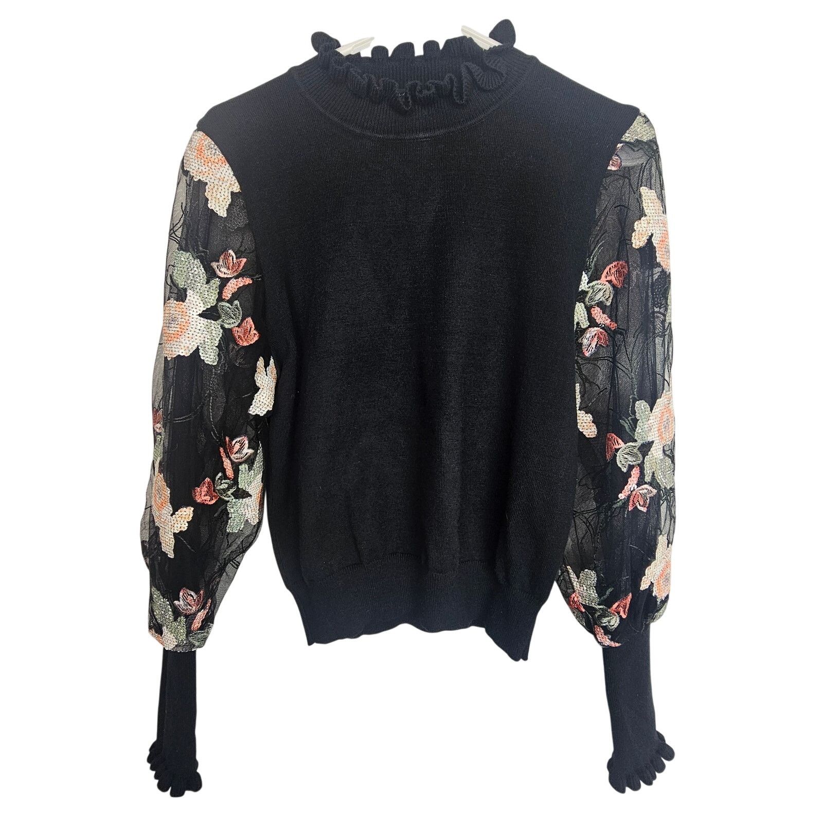 Pedro Garcia Gracia Floral Applique Mesh Sleeves Ruffle Neck Sweater S Size S / US 4 / IT 40 - 1 Thumbnail