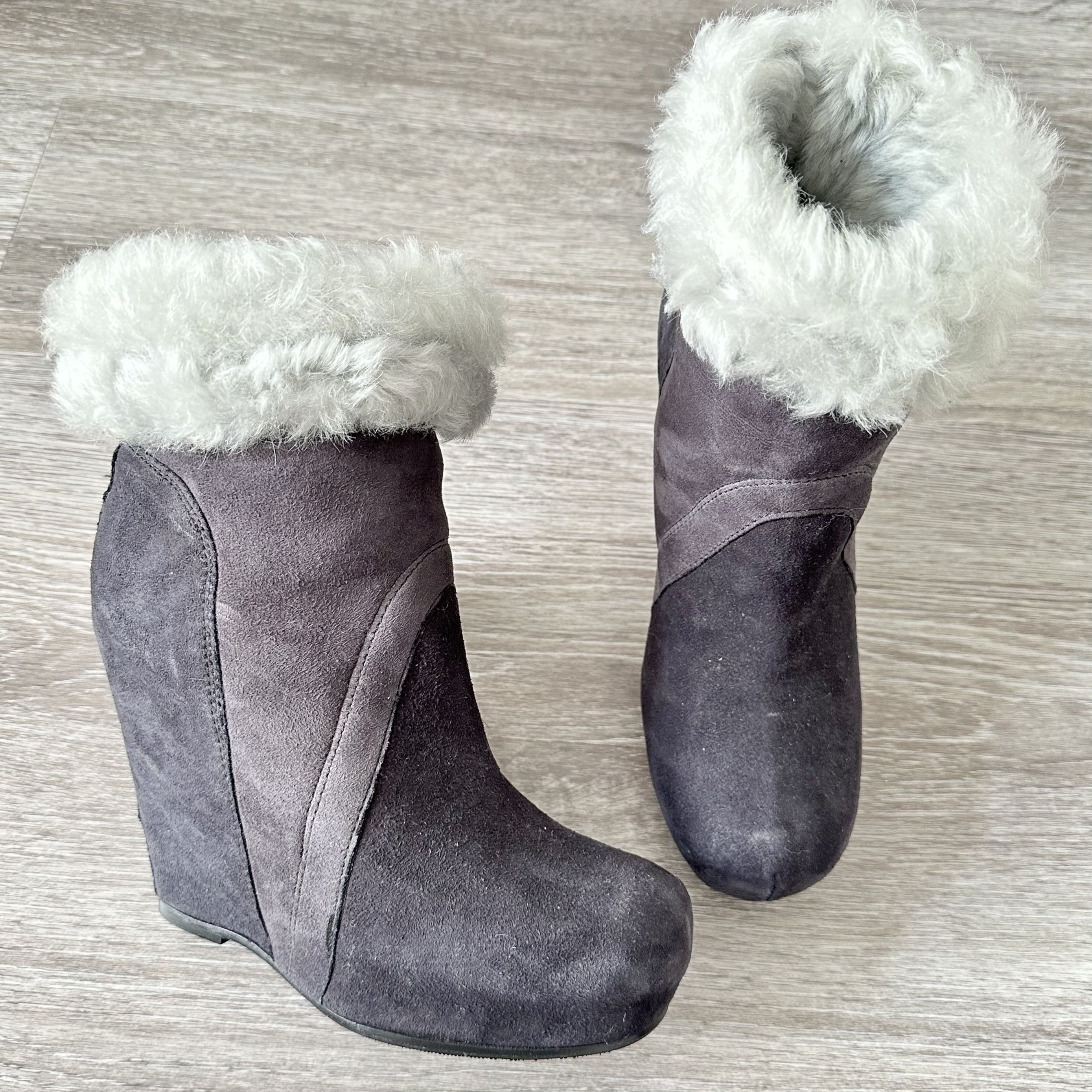 image of Rick Owens Fw10 Shearling Fur Suede Wedge Ankle Boot in Grey, Women's (Size 8)