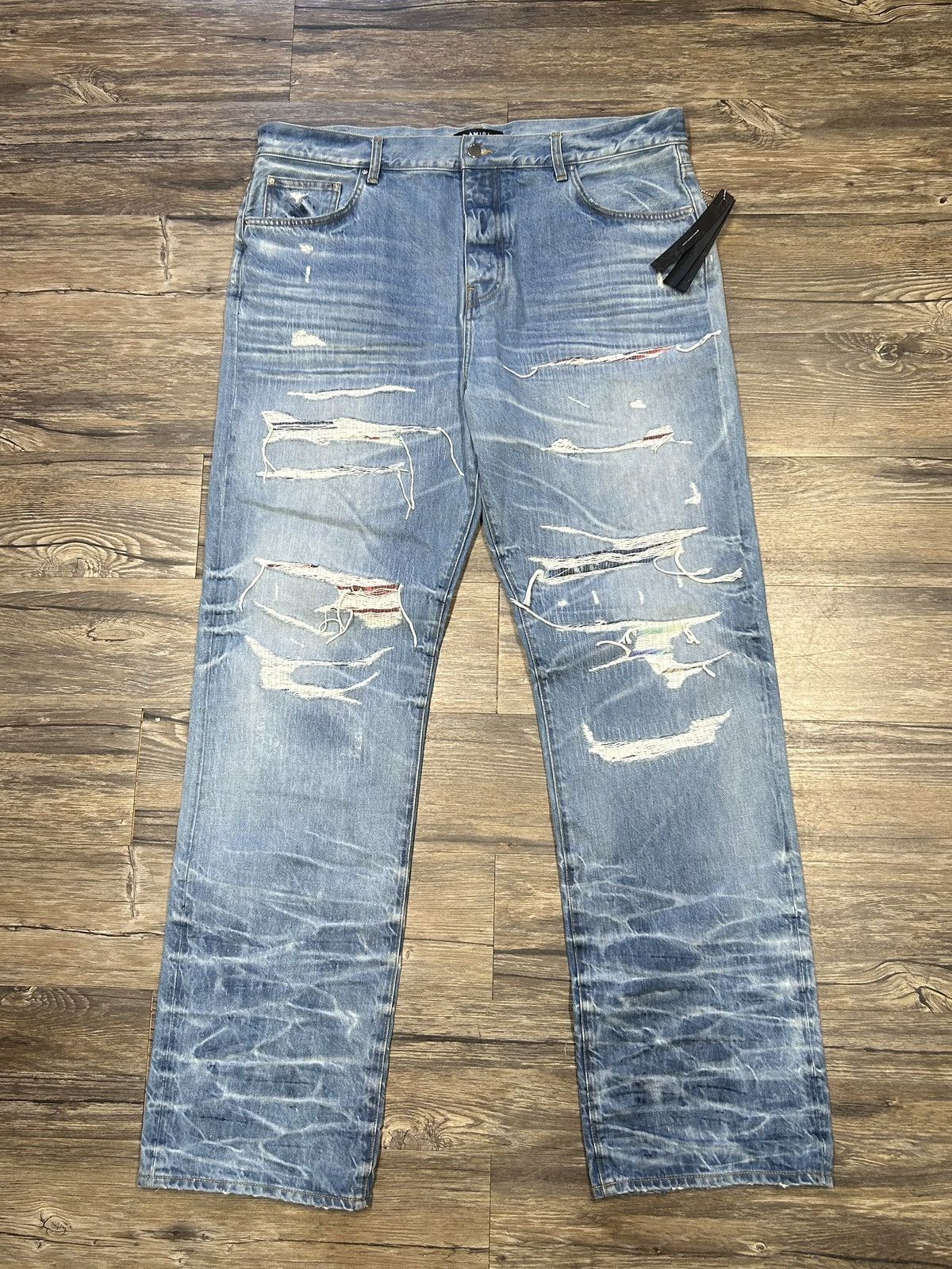 image of Amiri Straight Fit Aloha Patch Jeans in Blue, Men's (Size 38)