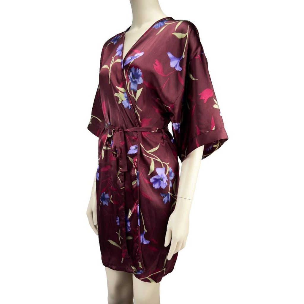 Other FASHION BUG Floral Kimono Robe Satin Knees Long Burgundy M Size ONE SIZE - 2 Thumbnail