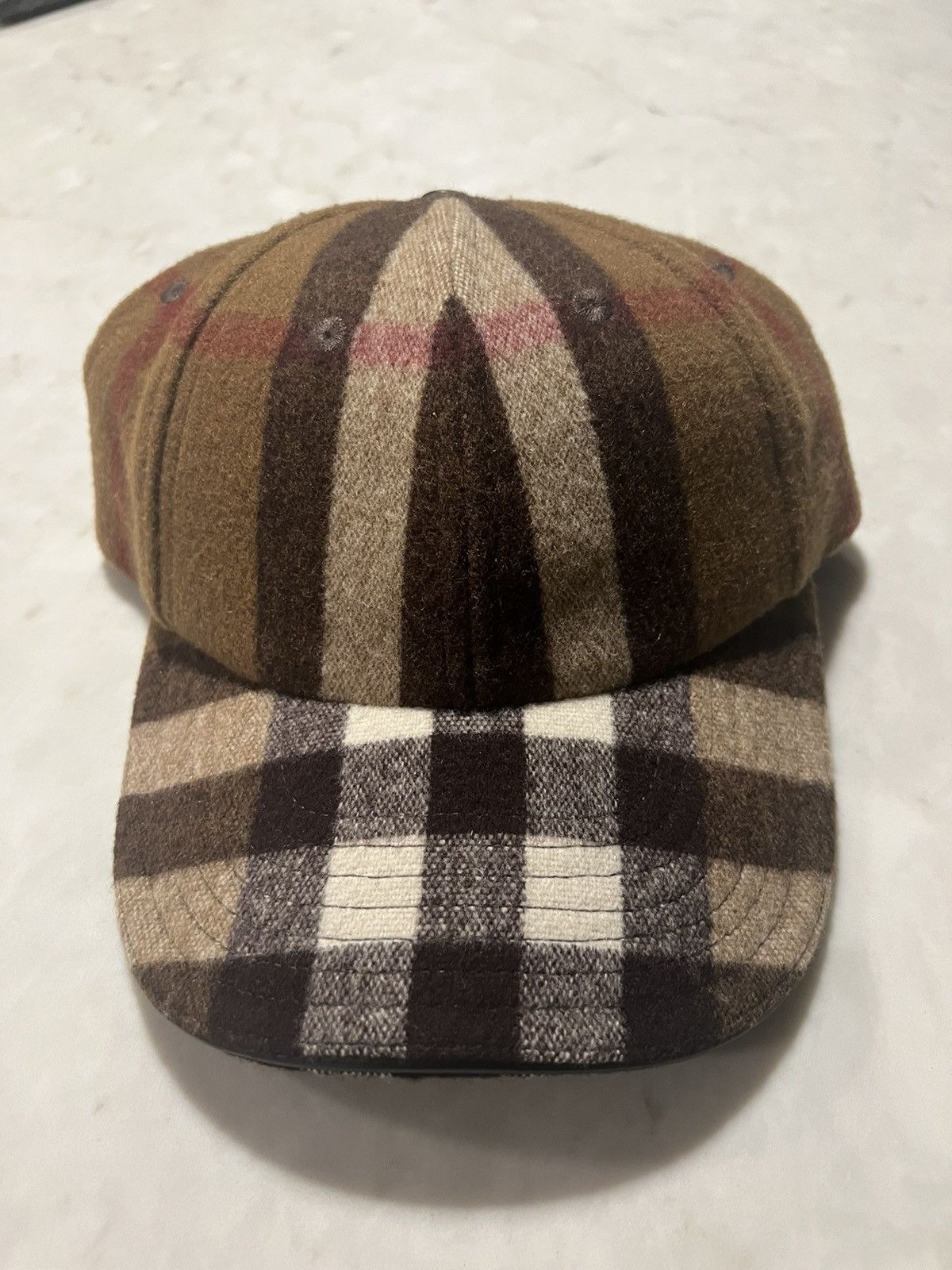 image of Burberry Lambskin Trim Check Wool Baseball Cap in Brown, Men's