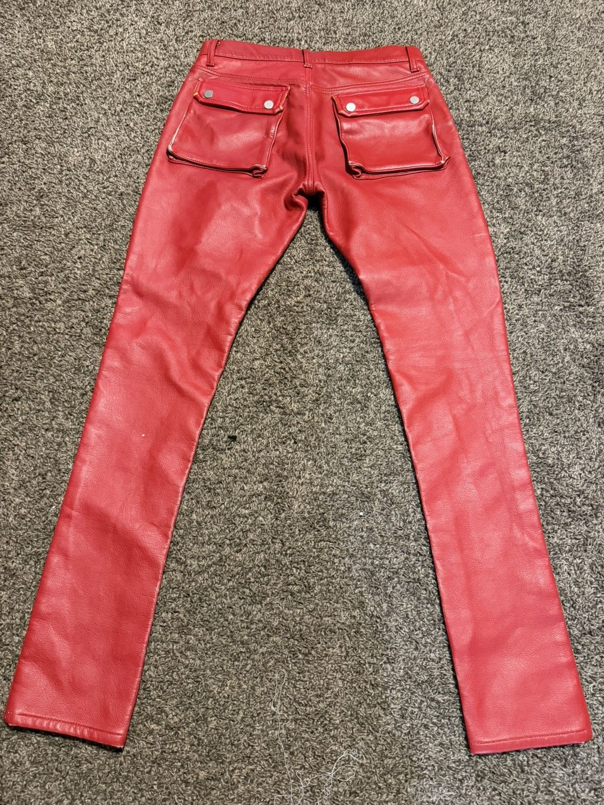 MNML Red Faux Leather Slim-Fit Cargo Pants Size US 33 - 3 Thumbnail