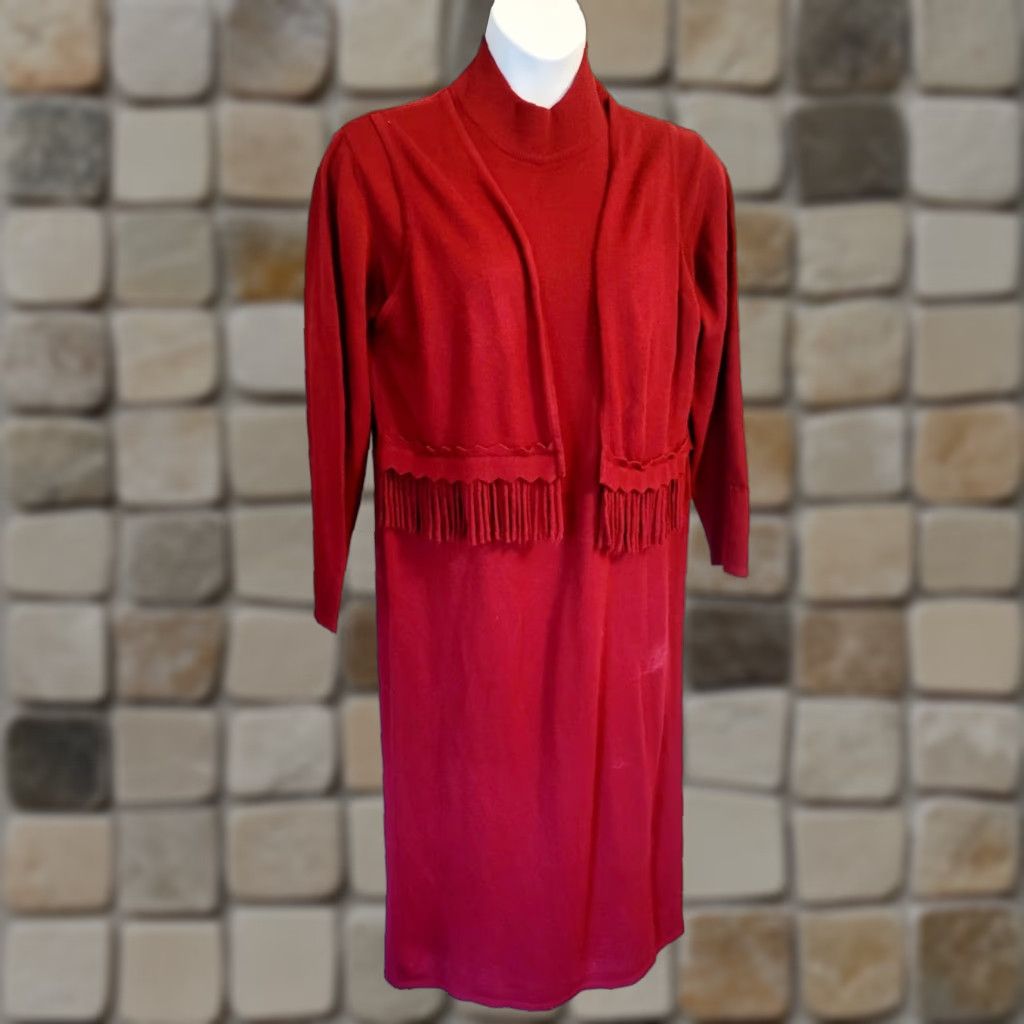 Vintage VINTAGE Donna Ricco Brick Red Fringe Trim Sweater Dress Vest Boho 18 Plus Mens? Women? 18W Red 1980s Bohemian Acrylic Fringe Dress Vest Sweater Dress Size XXL / US 16-18 / IT 52-54 - 1 Thumbnail