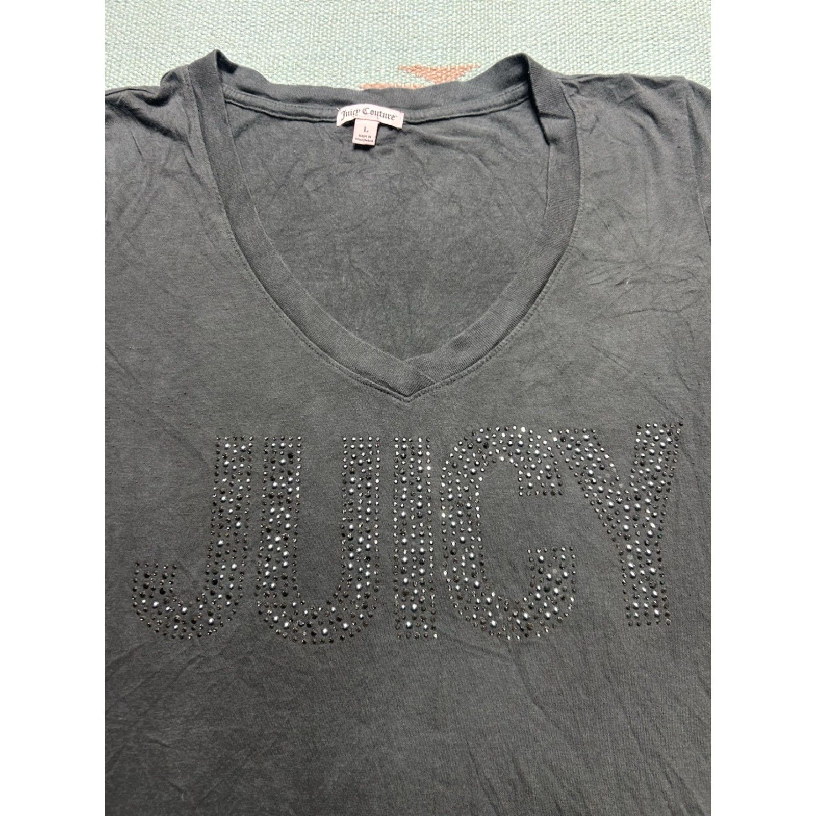 Juicy Couture Juicy Couture V-Neck T-Shirt Rhinestone Logo Spell Out Y2K Soft Women’s Large Gray Shirt Size L / US 10 / IT 46 - 2 Thumbnail