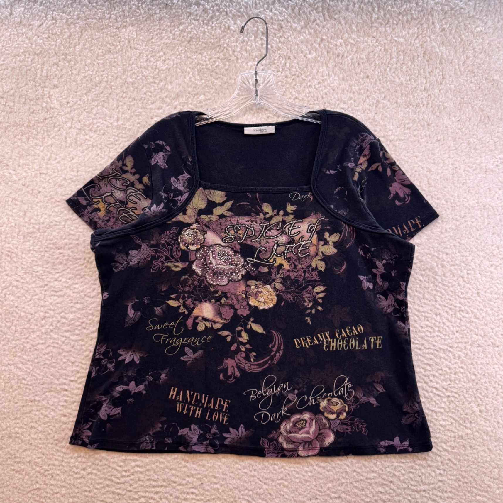 Vintage VINTAGE Dressbarn Y2K Shirt 2X 2XL XXL Black Floral Rhinestone Studded Square Neck Boho Womens Size XXL / US 16-18 / IT 52-54 - 2 Thumbnail
